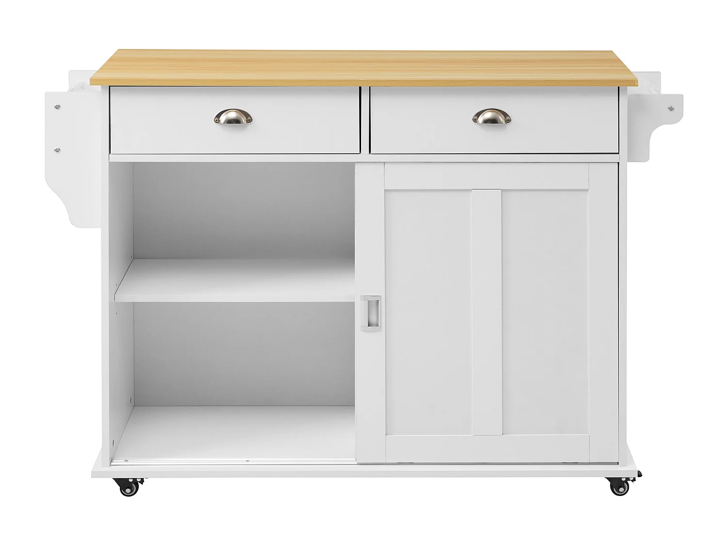 Desserte de cuisine (132.5x70x94cm)extensible blanche avec plateau rabattable, grand rangement modulable et style élégant