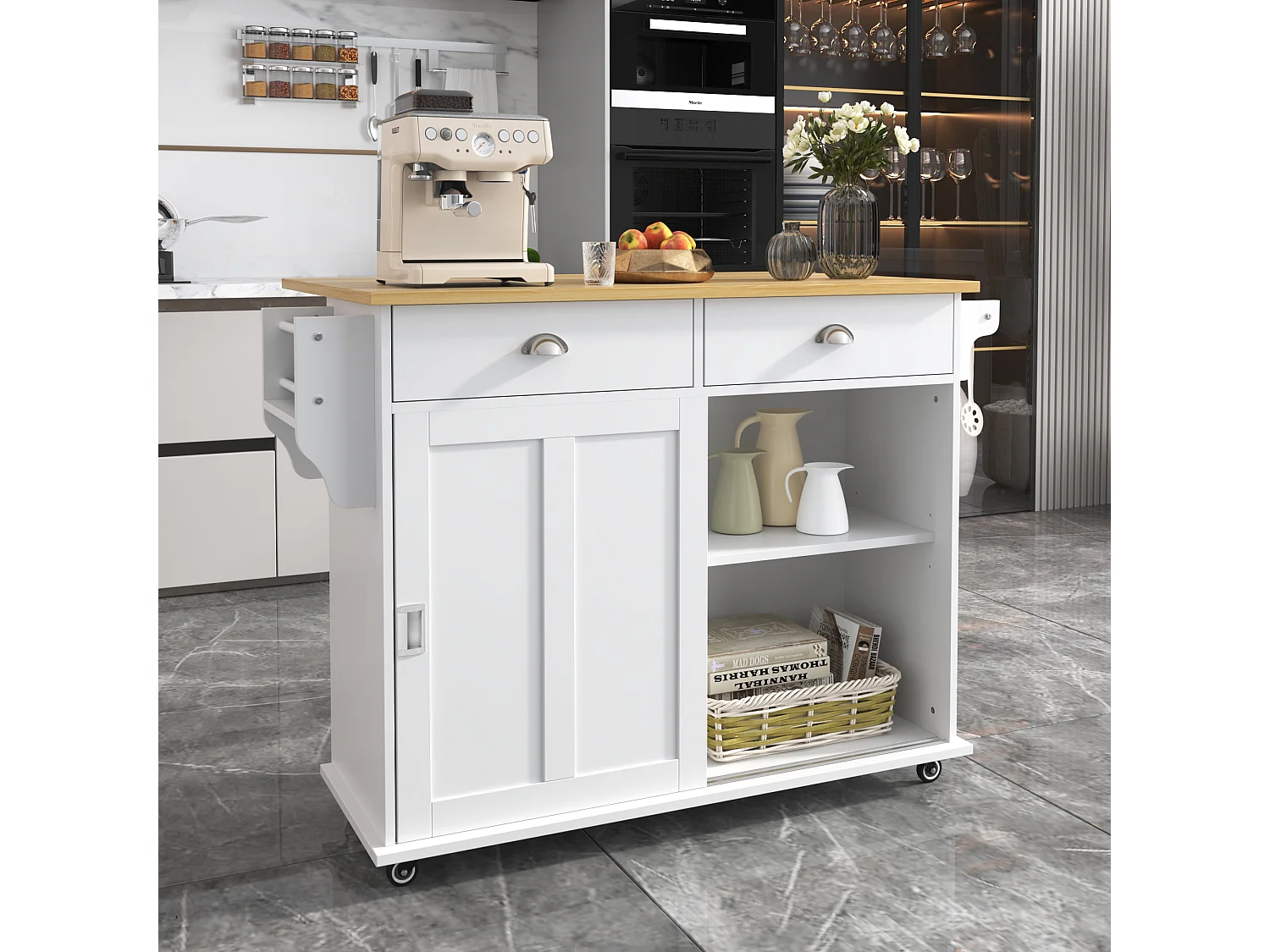 Desserte de cuisine (132.5x70x94cm)extensible blanche avec plateau rabattable, grand rangement modulable et style élégant