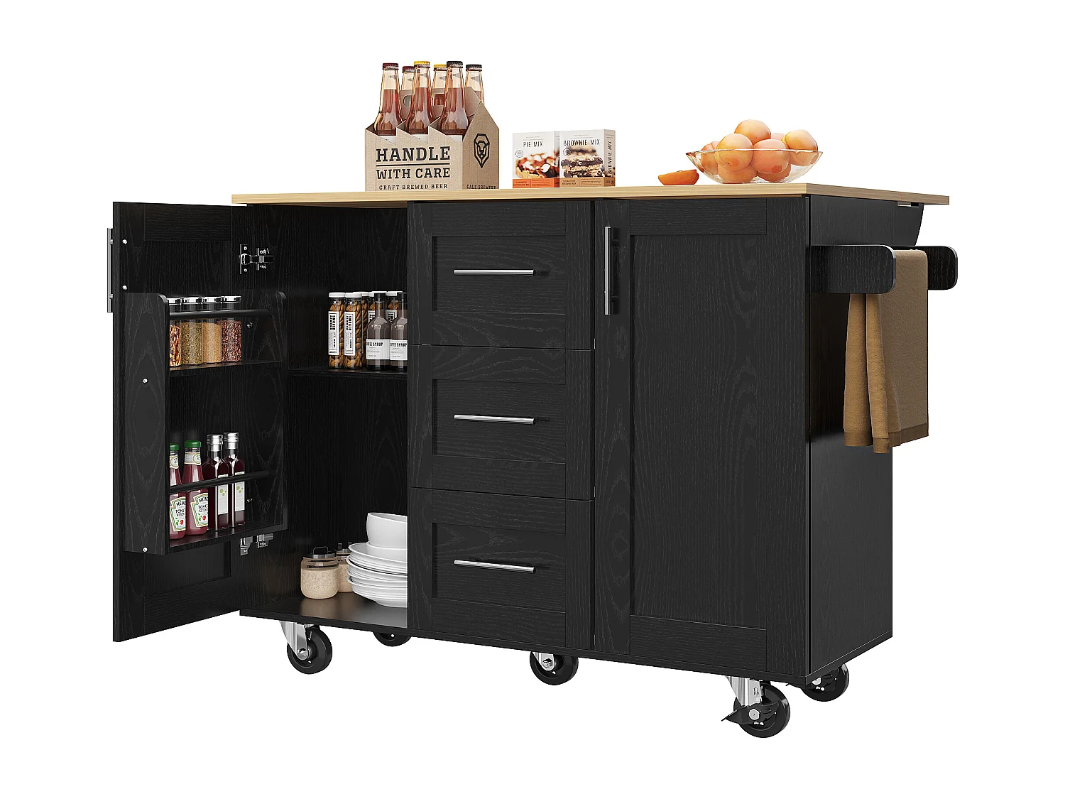 Desserte de cuisine (135x74x90.8cm)multifonction avec plan de travail en bois, rangement et roulettes - Noir