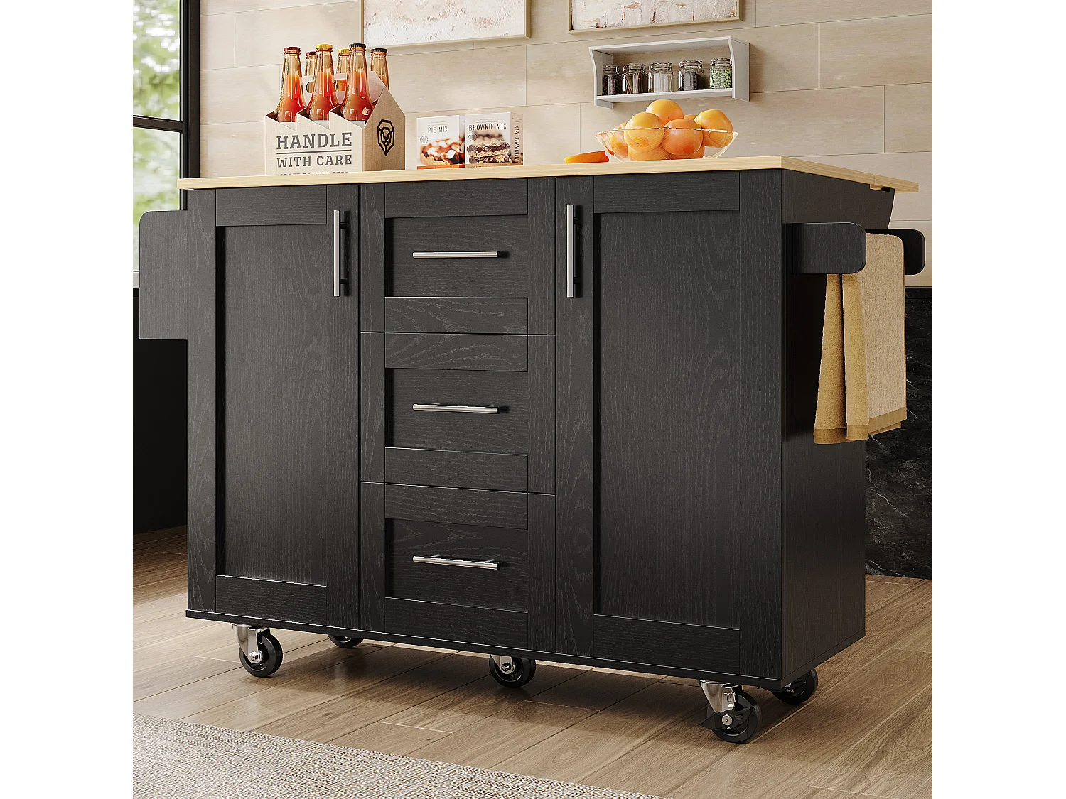 Desserte de cuisine (135x74x90.8cm)multifonction avec plan de travail en bois, rangement et roulettes - Noir