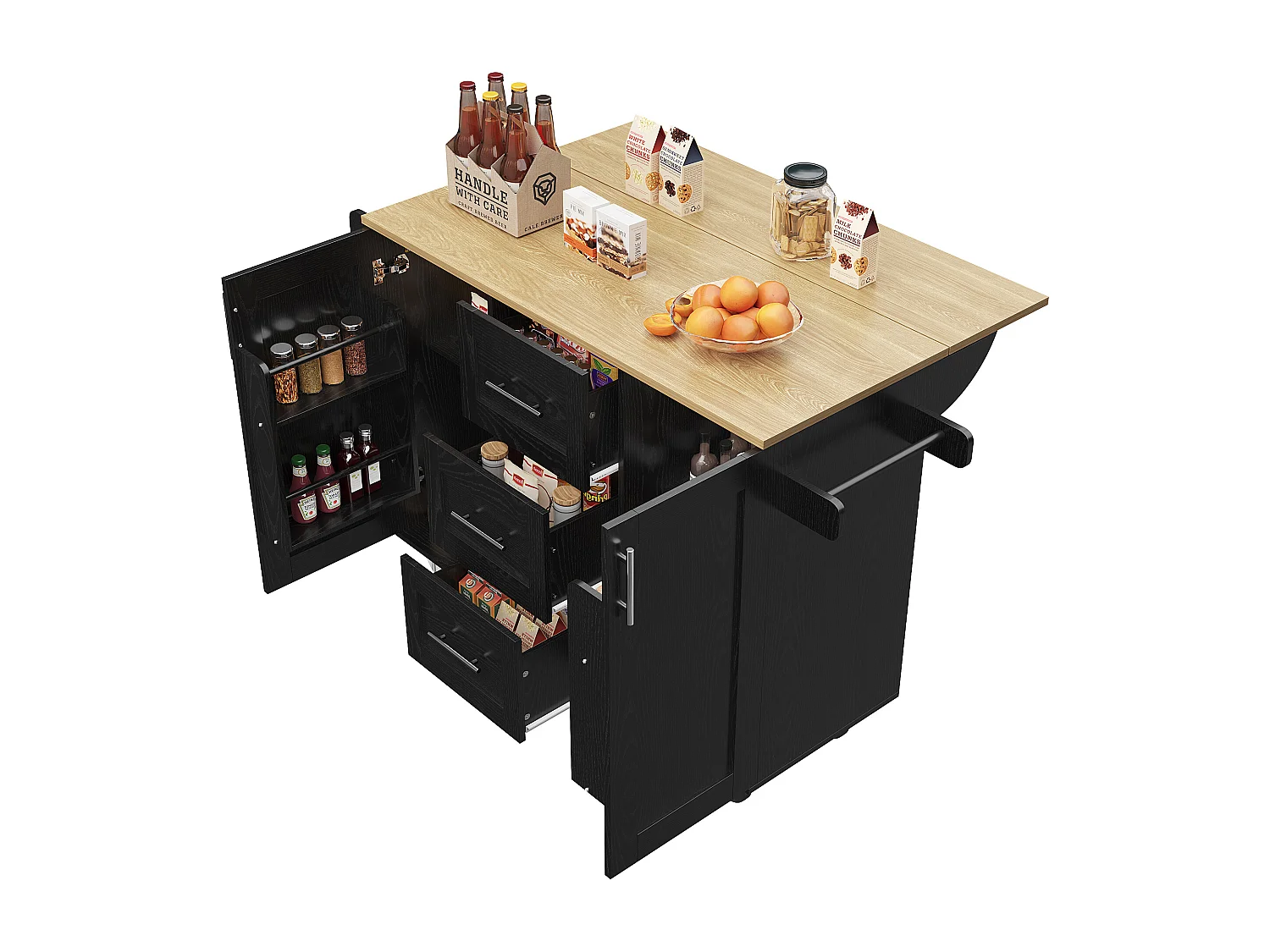 Desserte de cuisine (135x74x90.8cm)multifonction avec plan de travail en bois, rangement et roulettes - Noir