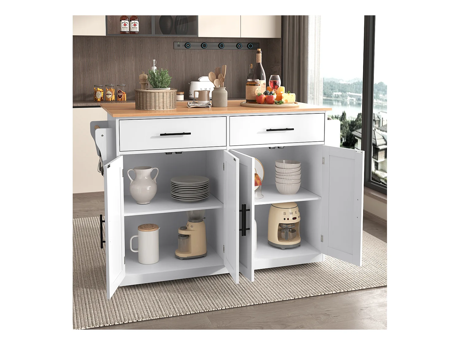 Desserte de cuisine (120x71x91.5cm)multifonction avec planche extensible, rangement pratique - Blanc