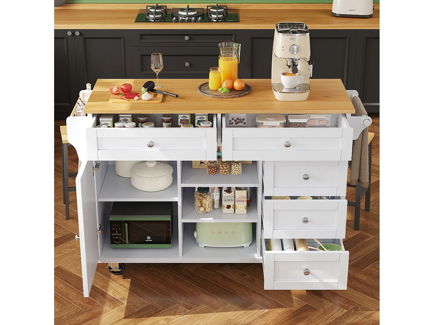 Desserte de cuisine (134X46X92CM)multifonctionnelle avec design élégant et grand rangement - blanc