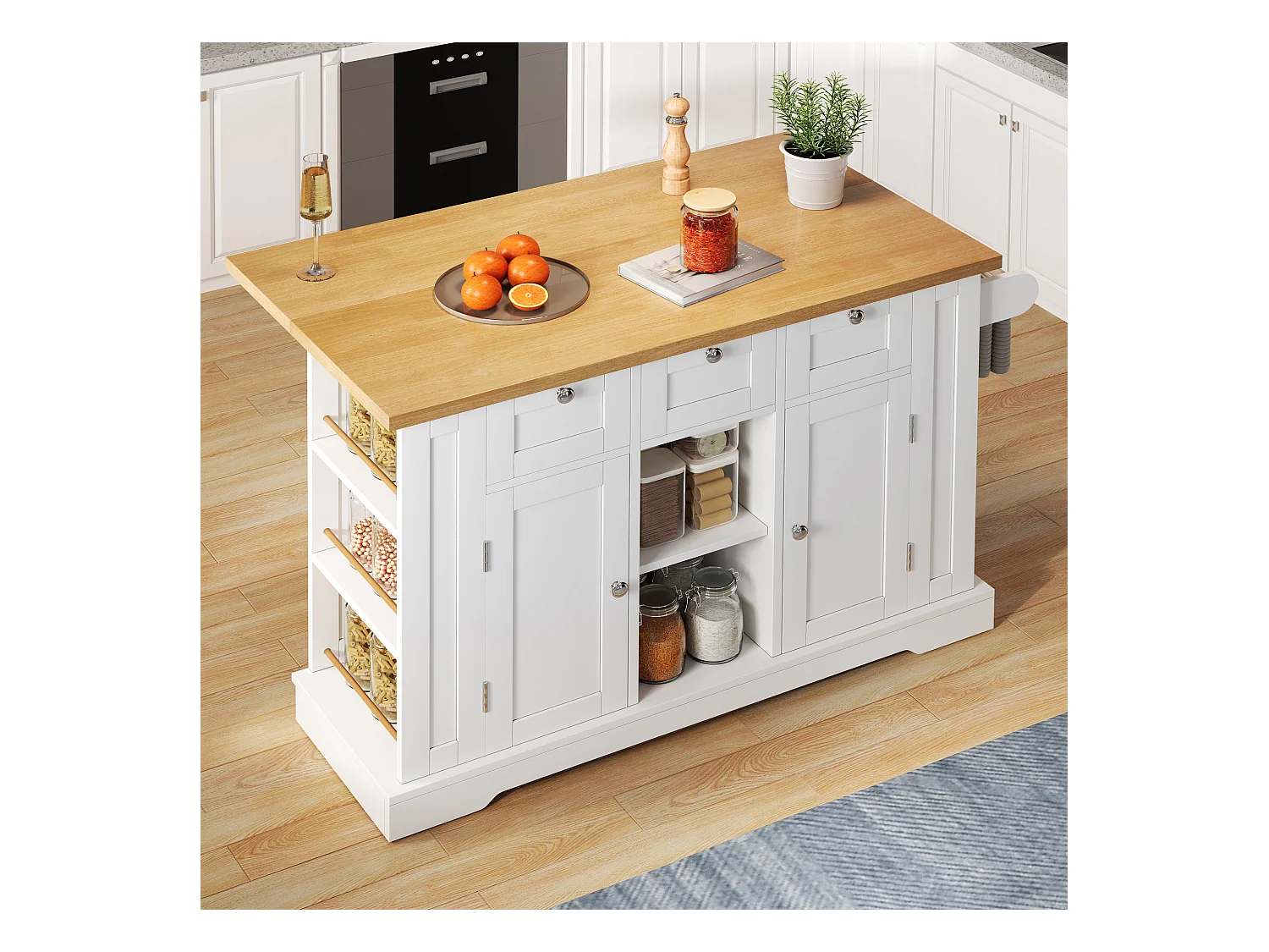 Desserte de cuisine(132x70x87cm) avec plan de travail extensible, rangements et prises USB intégrées - blanc