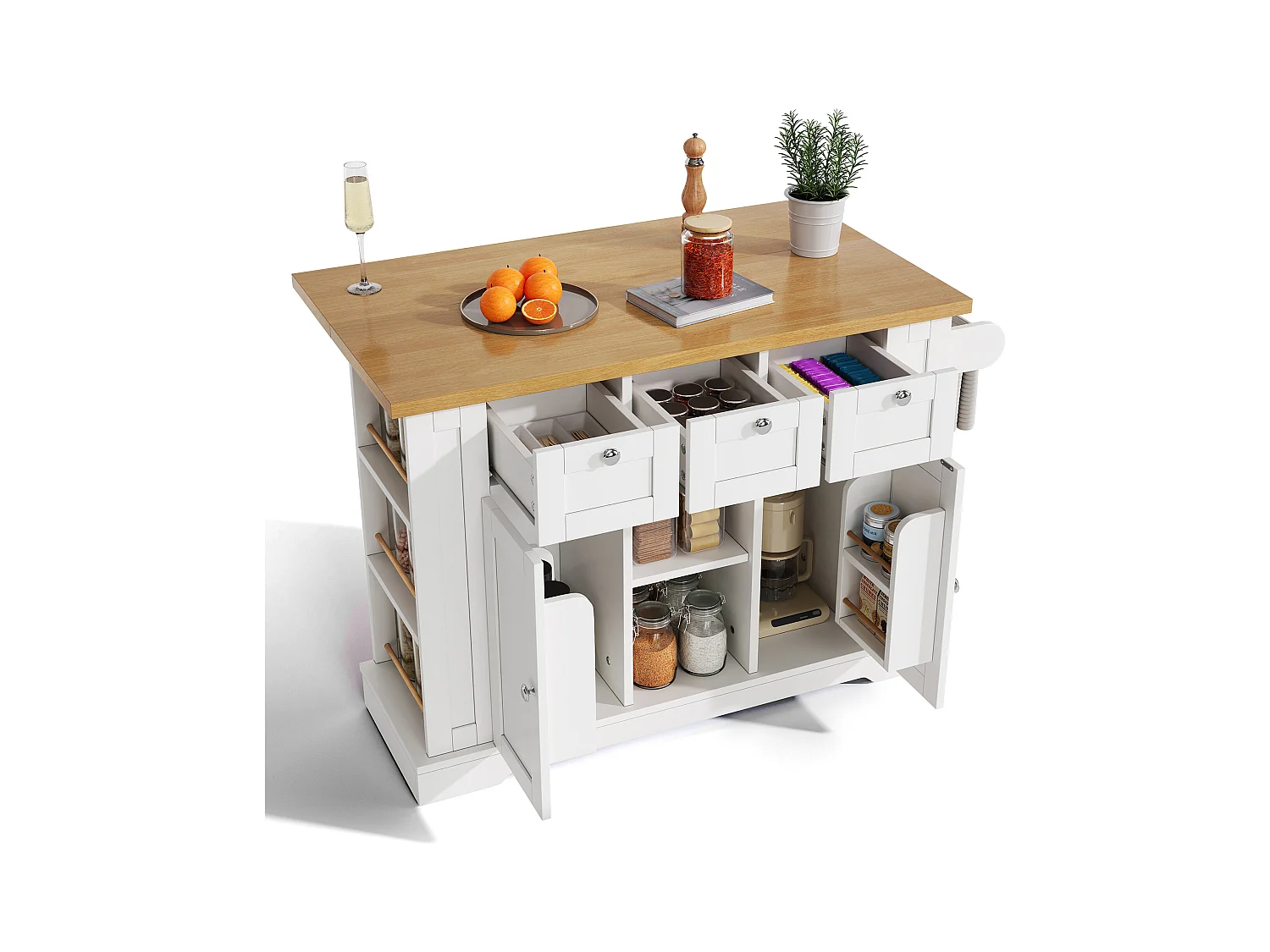 Desserte de cuisine(132x70x87cm) avec plan de travail extensible, rangements et prises USB intégrées - blanc