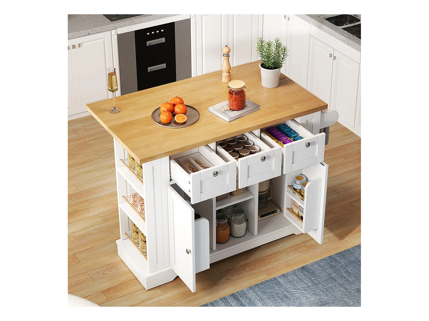 Desserte de cuisine(132x70x87cm) avec plan de travail extensible, rangements et prises USB intégrées - blanc