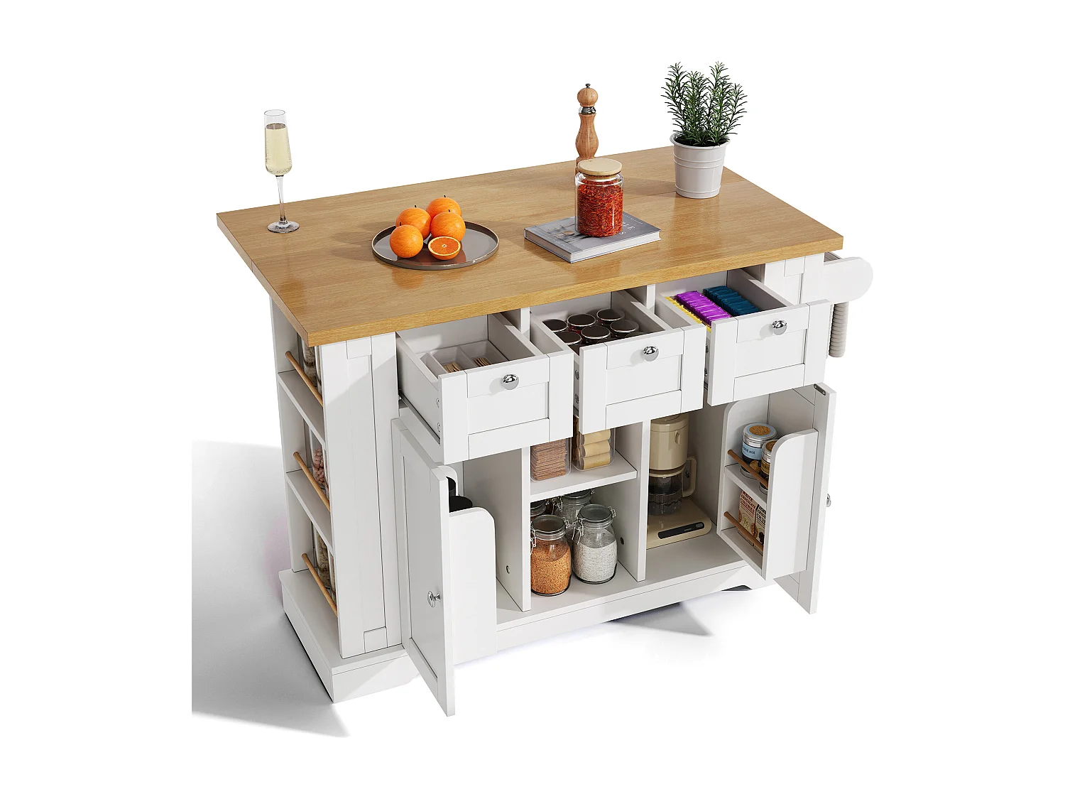 Desserte de cuisine(132x70x87cm) avec plan de travail extensible, rangements et prises USB intégrées - blanc