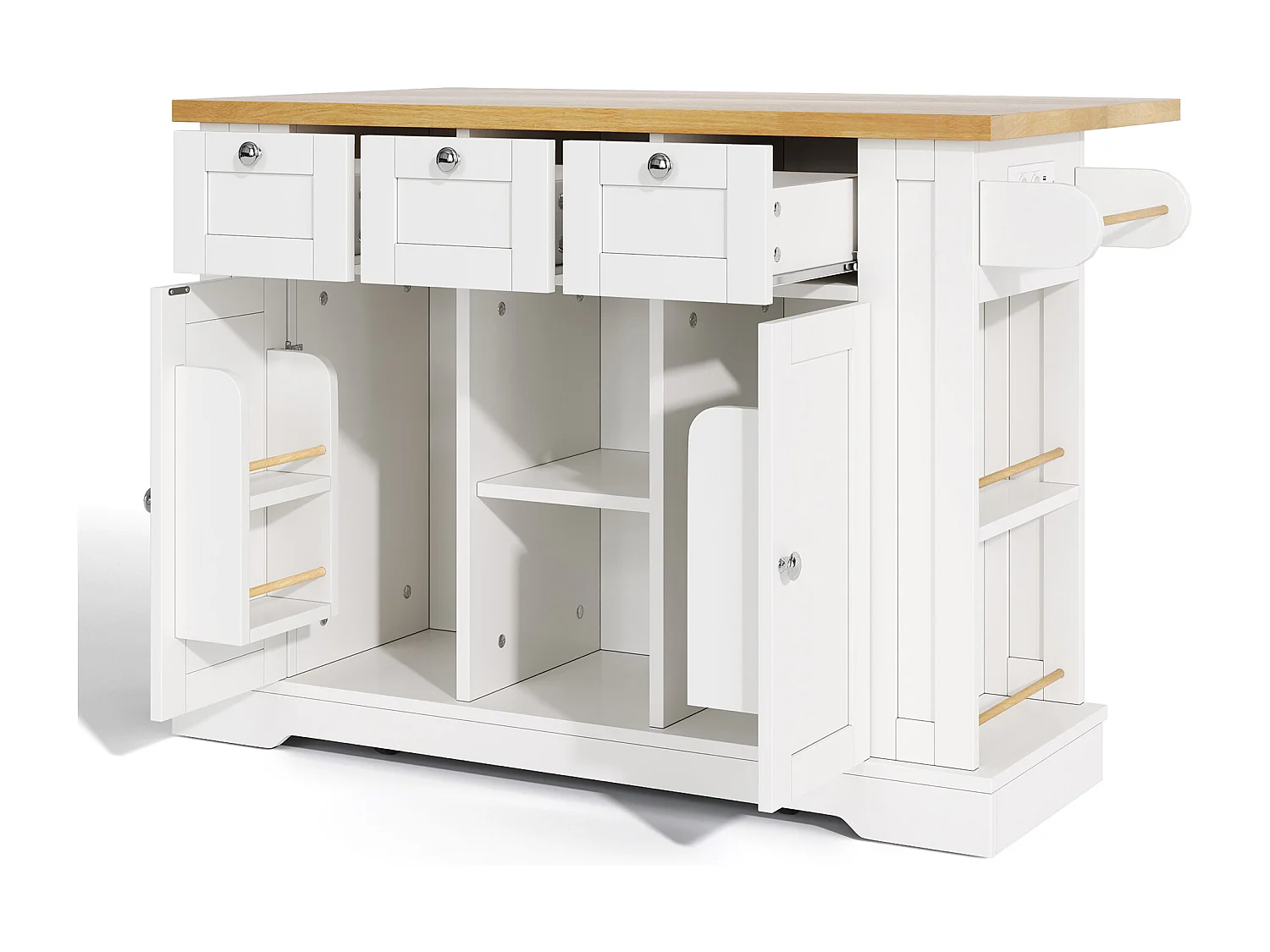 Desserte de cuisine(132x70x87cm) avec plan de travail extensible, rangements et prises USB intégrées - blanc