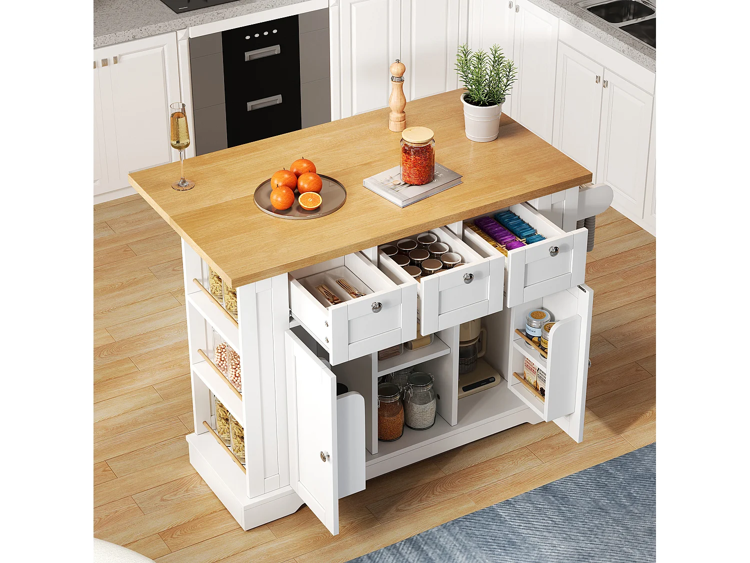 Desserte de cuisine(132x70x87cm) avec plan de travail extensible, rangements et prises USB intégrées - blanc