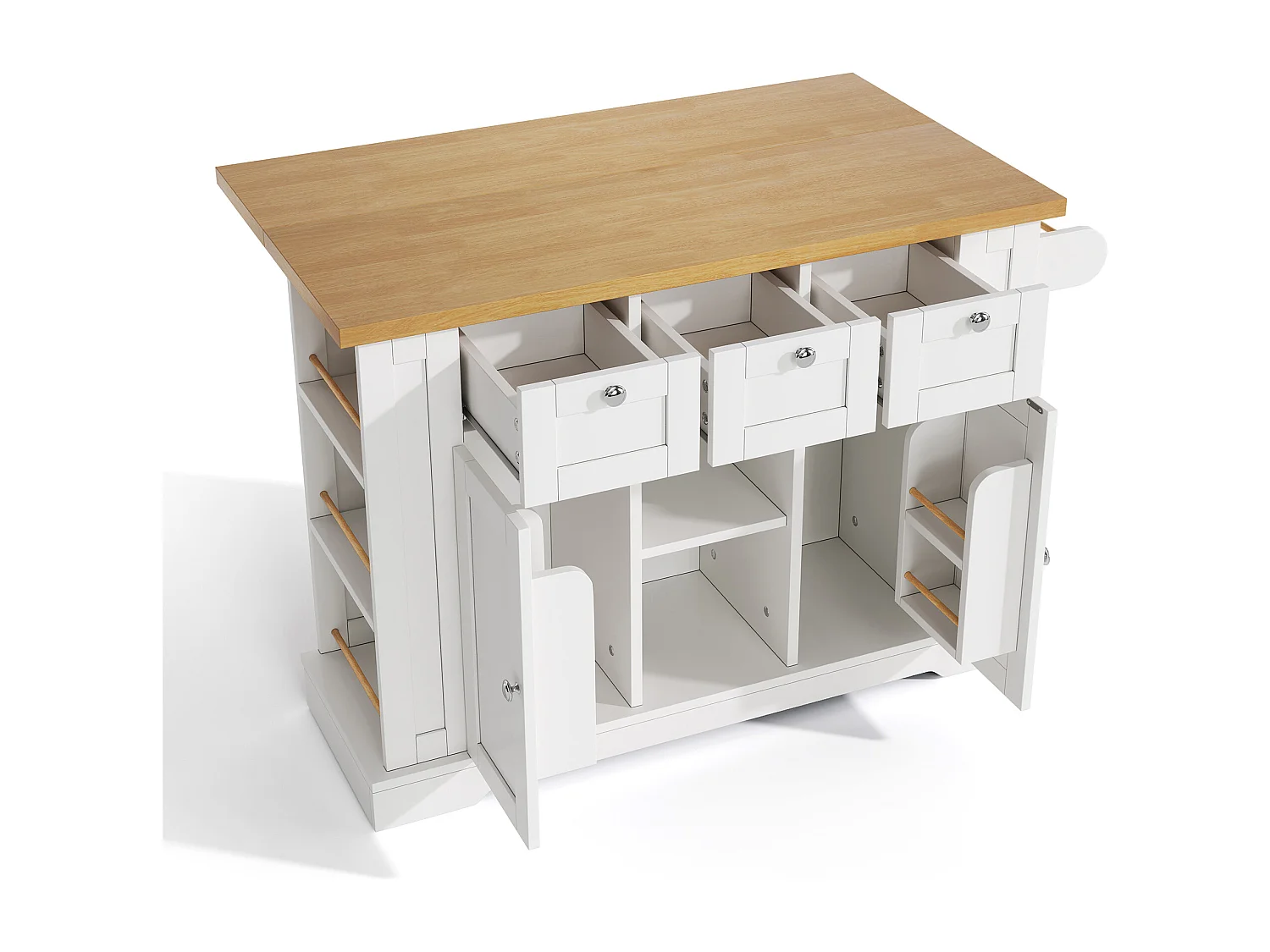 Desserte de cuisine(132x70x87cm) avec plan de travail extensible, rangements et prises USB intégrées - blanc