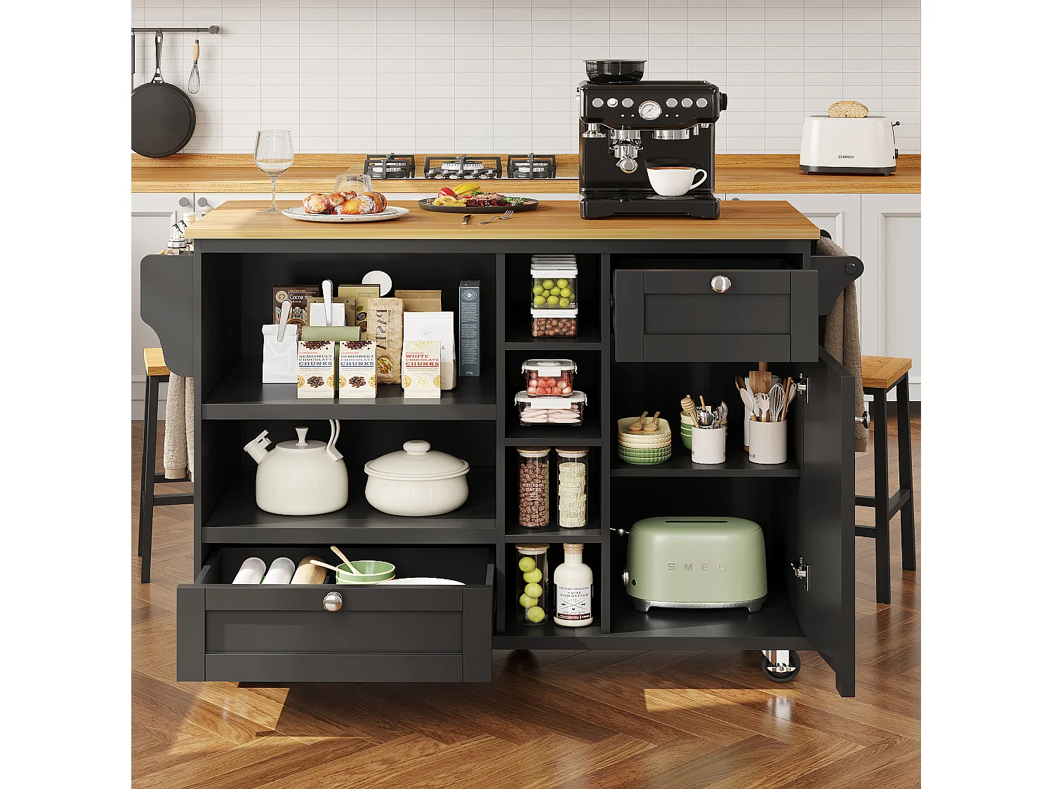 Desserte mobile de cuisine(129X46X92CM) multifonctionnelle avec rangement spacieux - noir