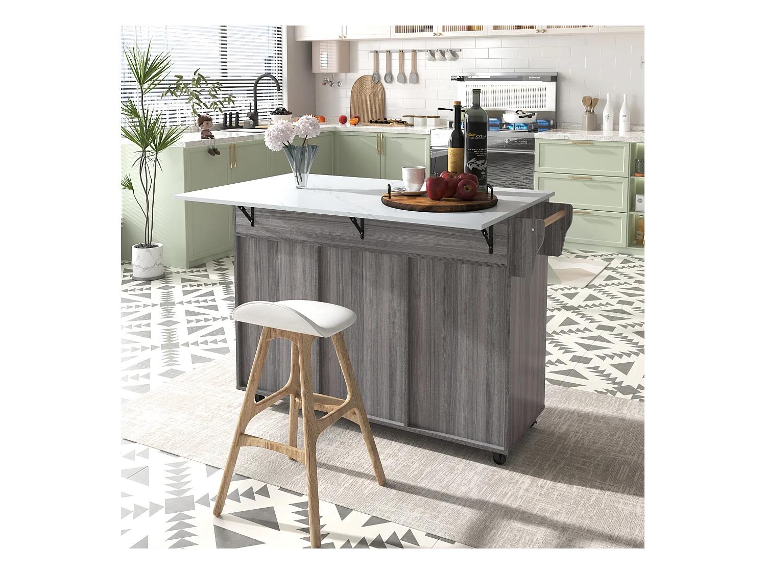 Desserte de cuisine (120x71x91.5cm)extensible avec roulettes, rangements modulables et plateau rabattable - gris