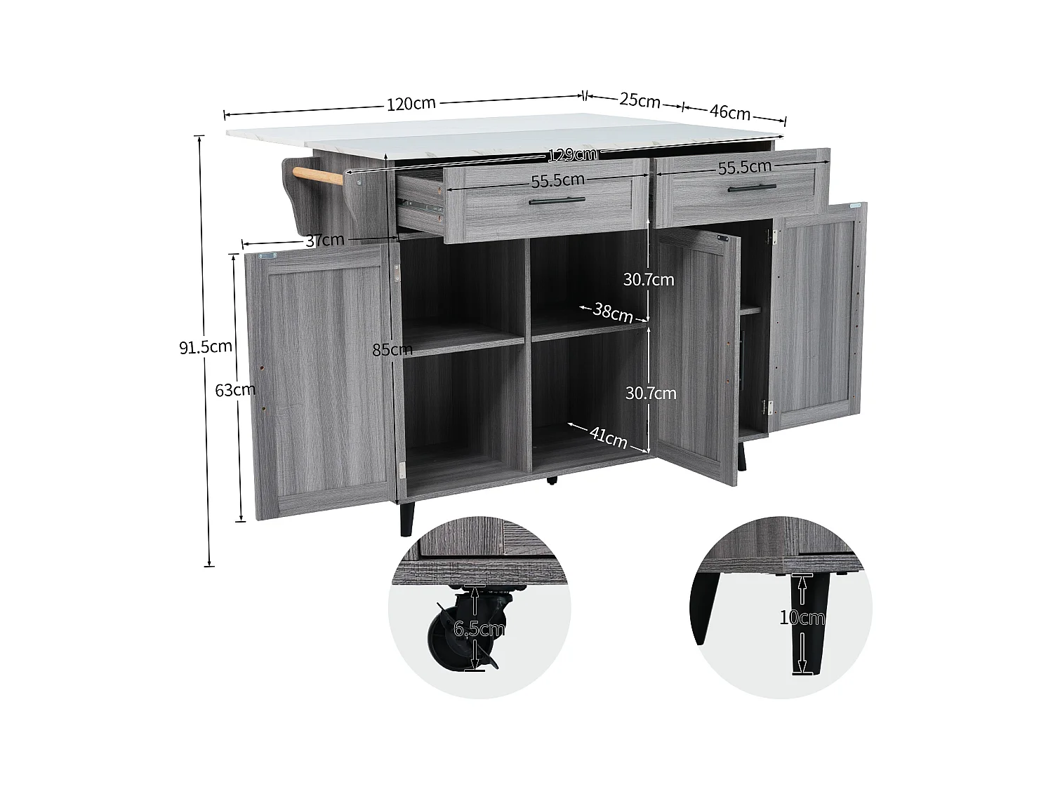 Desserte de cuisine (120x71x91.5cm)extensible avec roulettes, rangements modulables et plateau rabattable - gris