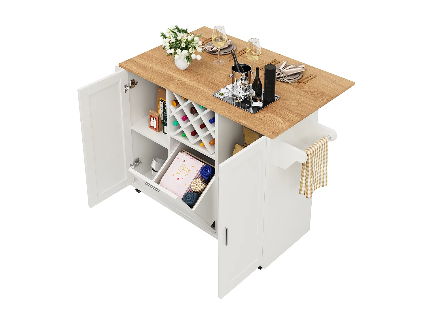 Desserte de cuisine (138x76x92cm)extensible avec plan de travail robuste, grand espace de rangement et porte-vins intégré - Blanc