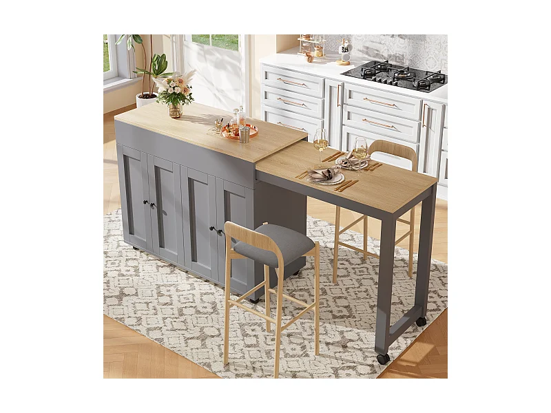 Desserte de cuisine (180X50X94CM)avec table extensible, rangement multifonction et roulettes robustes - gris