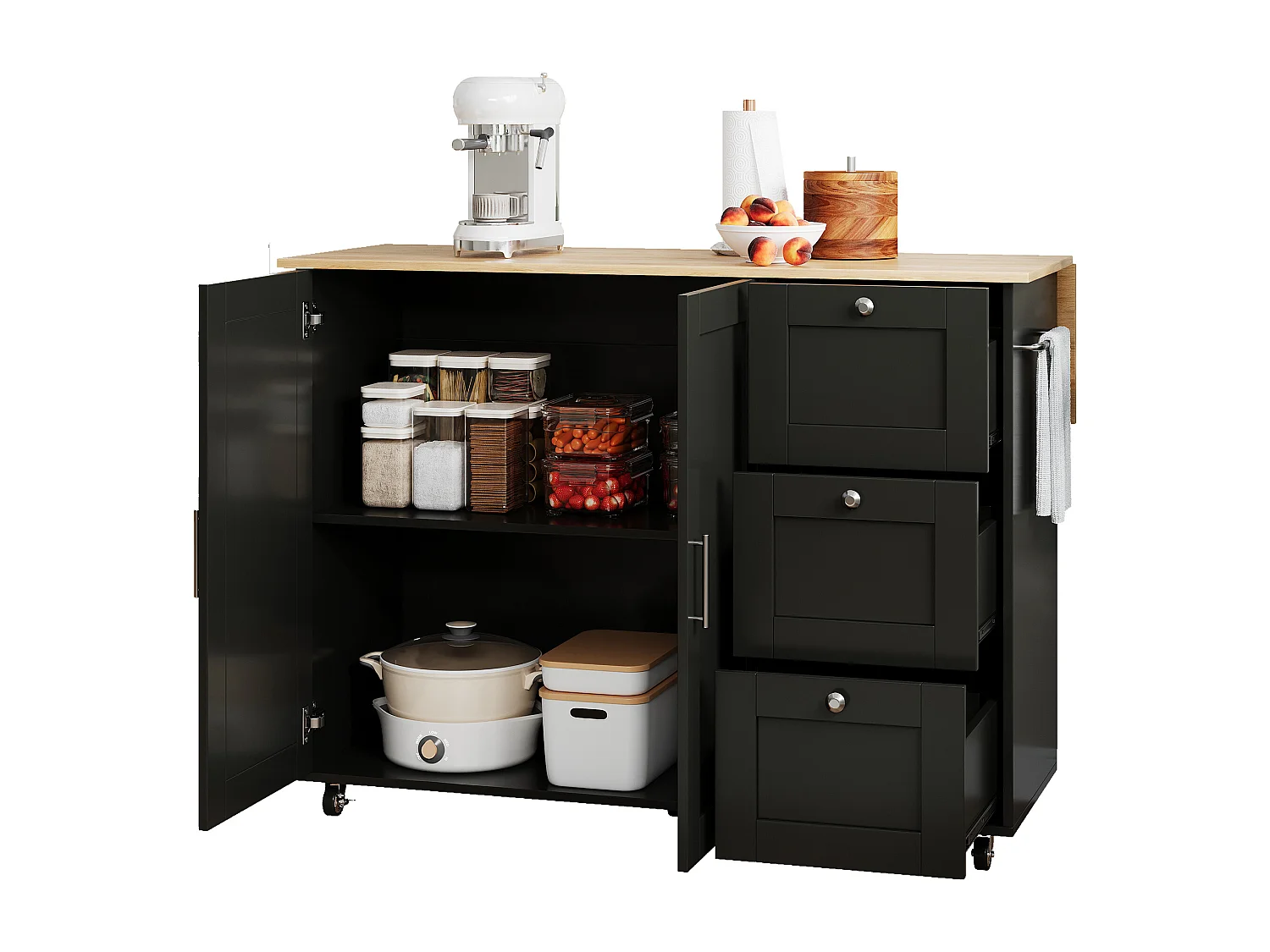 Desserte de cuisine(135x70x95cm) mobile avec plan de travail rabattable en chêne, 5 roulettes - noir