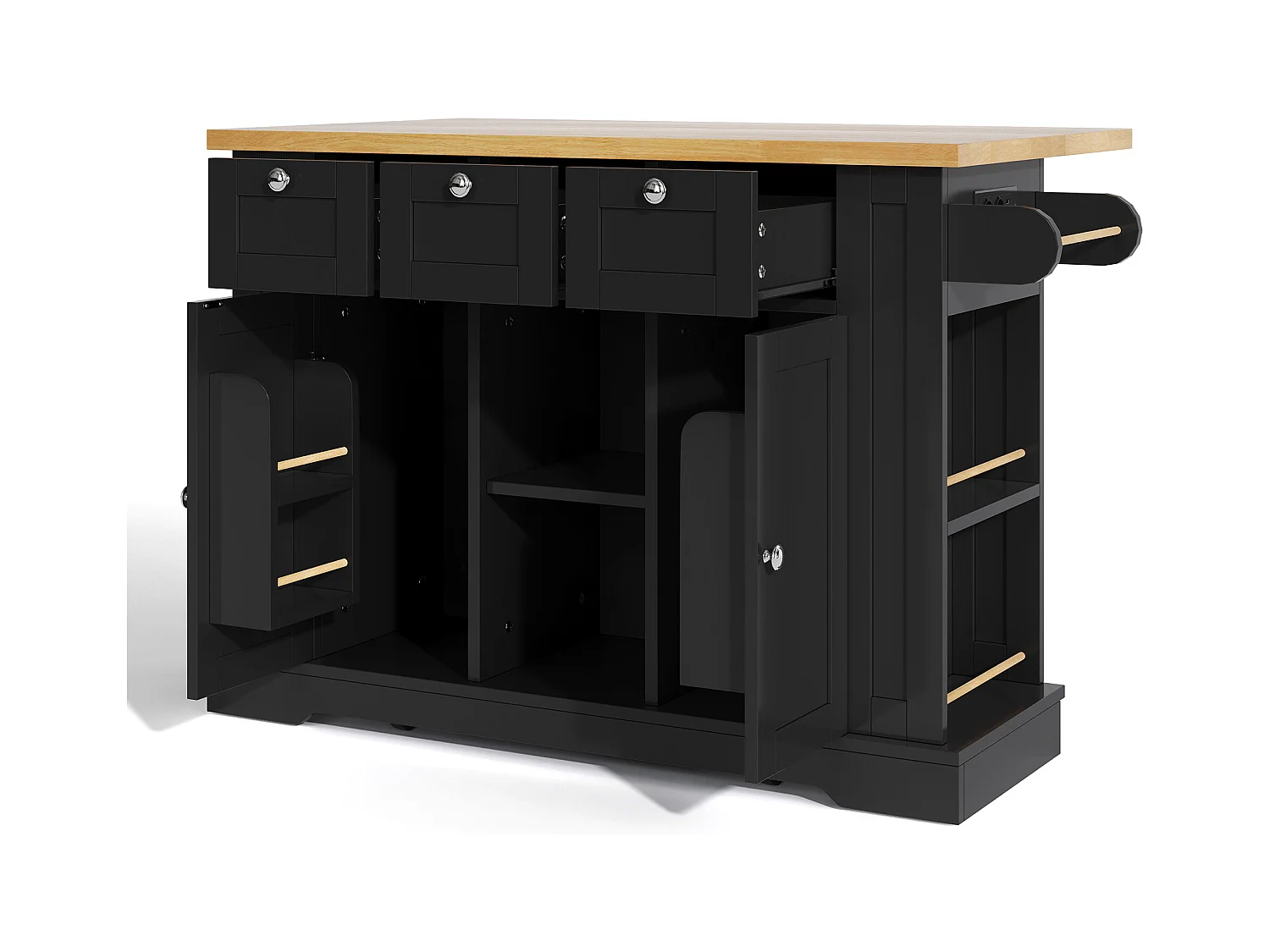 Desserte de cuisine (132x70x87cm) avec plan de travail extensible, rangements et prises USB intégrées - noir