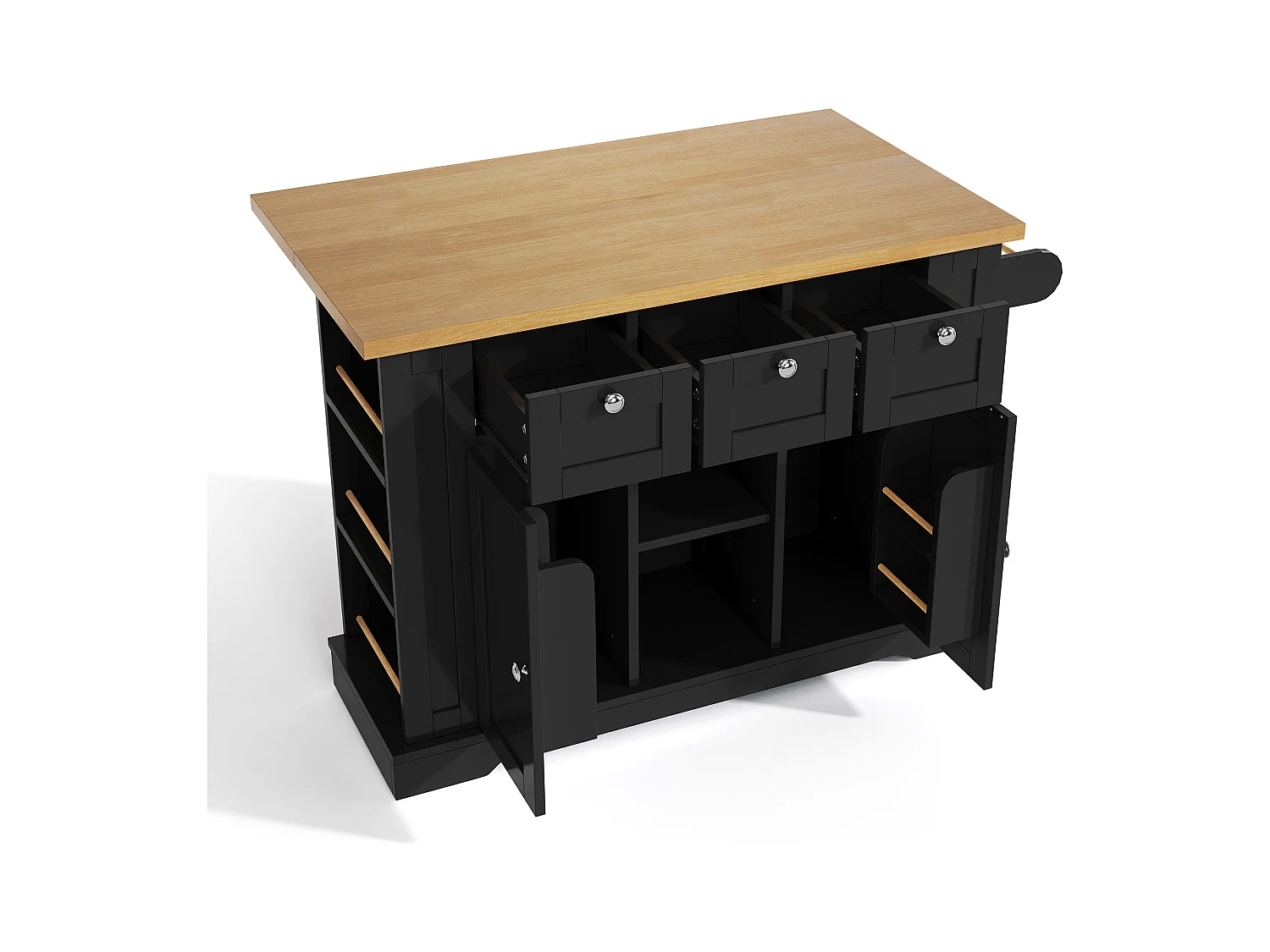 Desserte de cuisine (132x70x87cm) avec plan de travail extensible, rangements et prises USB intégrées - noir