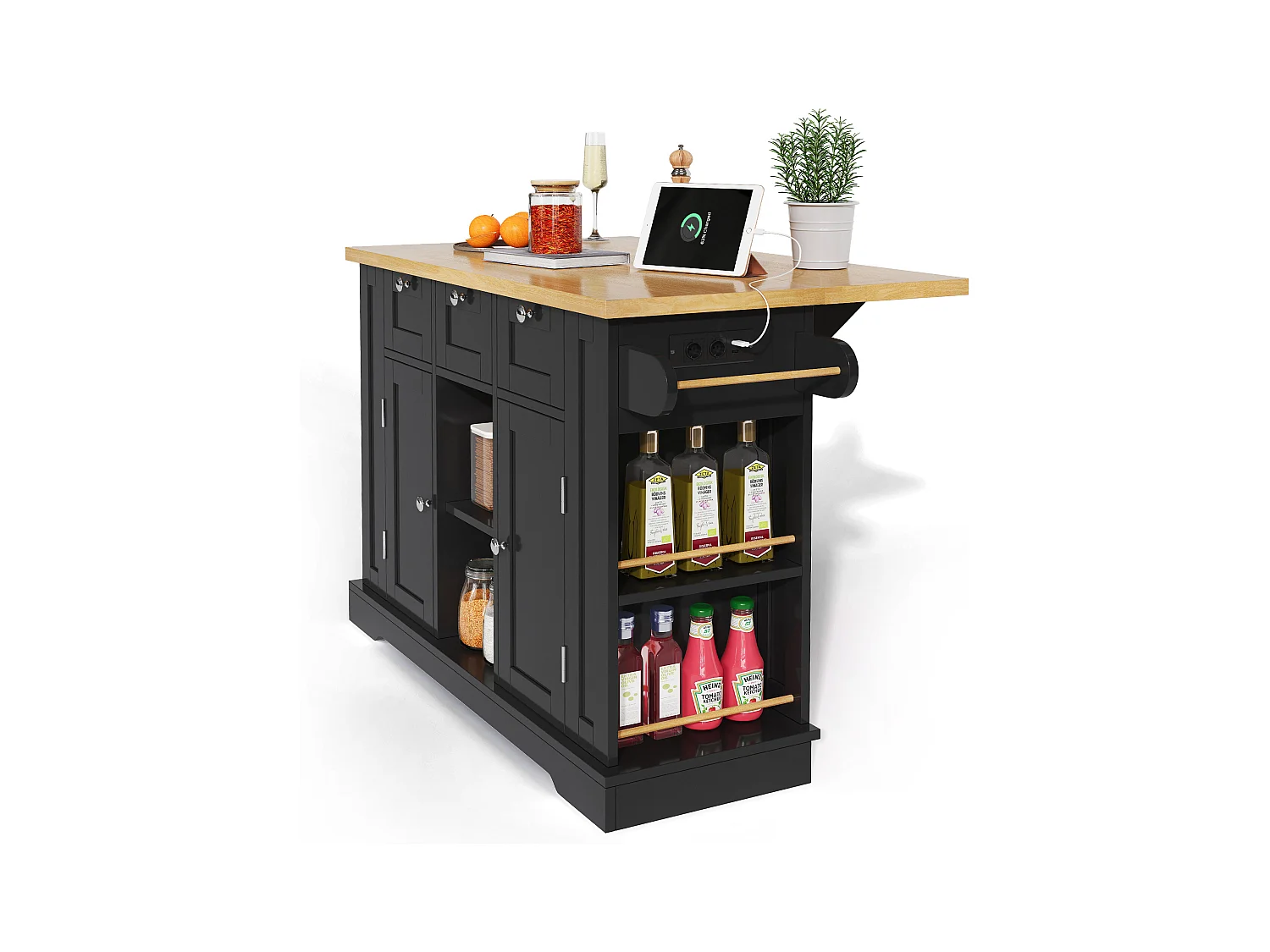 Desserte de cuisine (132x70x87cm) avec plan de travail extensible, rangements et prises USB intégrées - noir