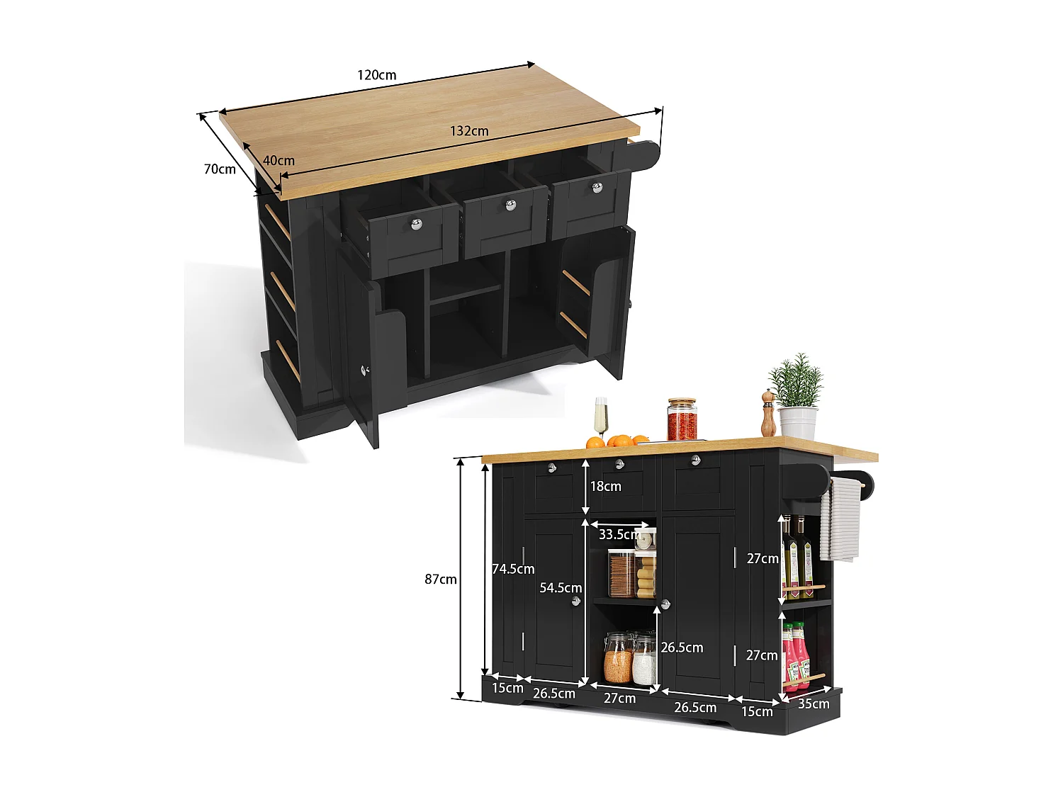 Desserte de cuisine (132x70x87cm) avec plan de travail extensible, rangements et prises USB intégrées - noir