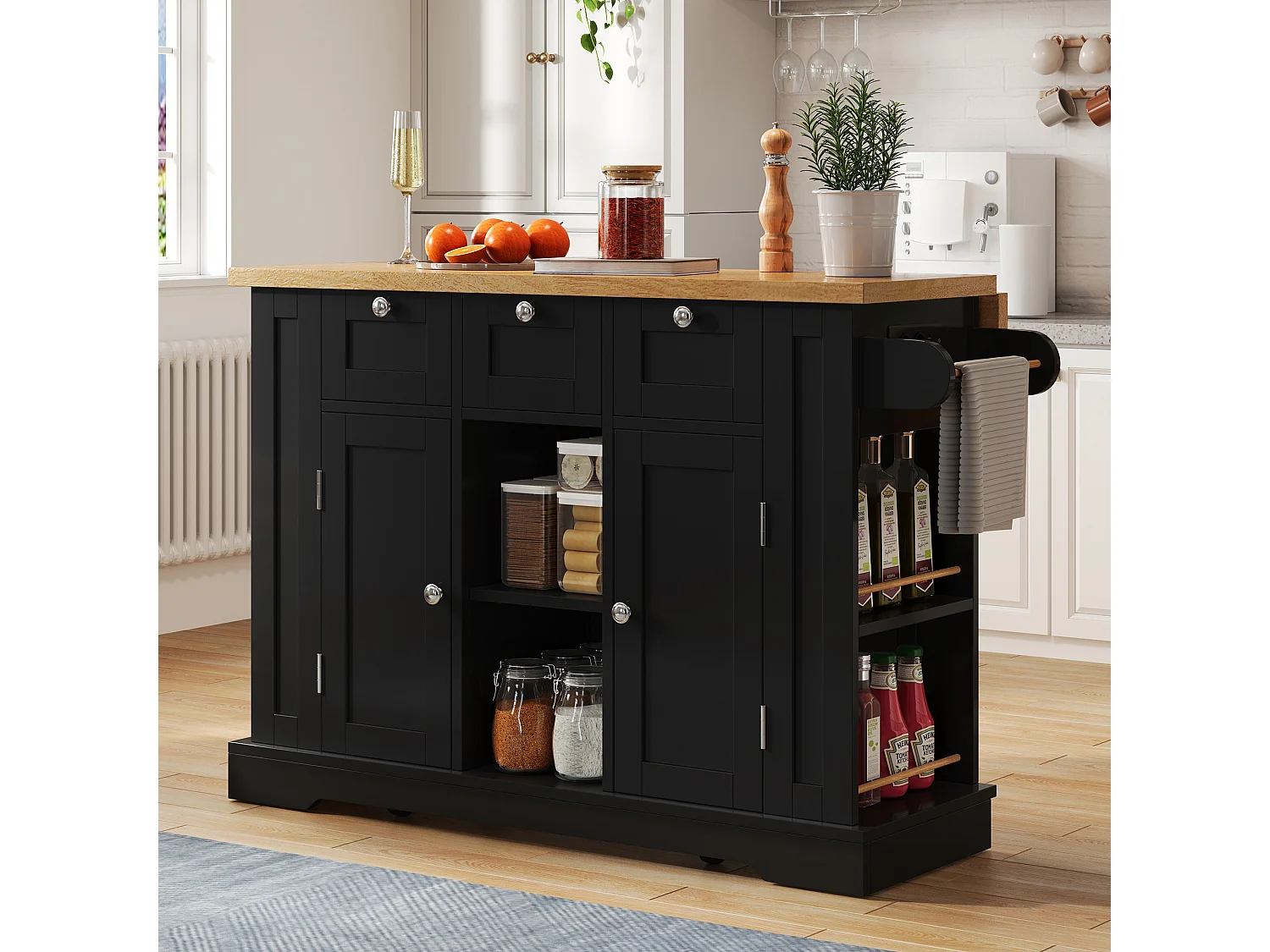 Desserte de cuisine (132x70x87cm) avec plan de travail extensible, rangements et prises USB intégrées - noir