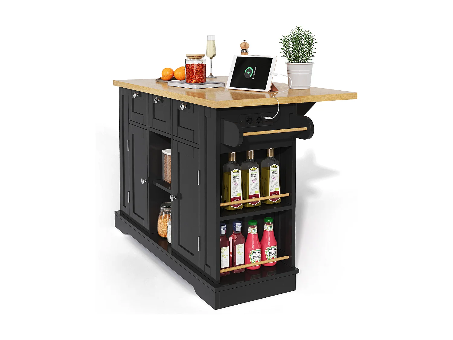Desserte de cuisine (132x70x87cm) avec plan de travail extensible, rangements et prises USB intégrées - noir