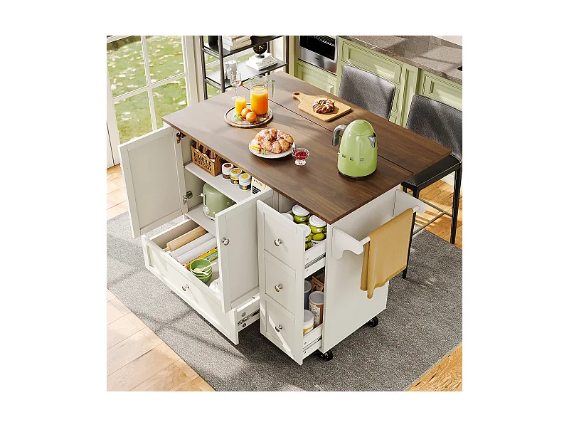 Desserte de cuisine(128×40×92,5 cm)pliante avec rangements, roulettes, étagères ajustables et plan de travail extensible