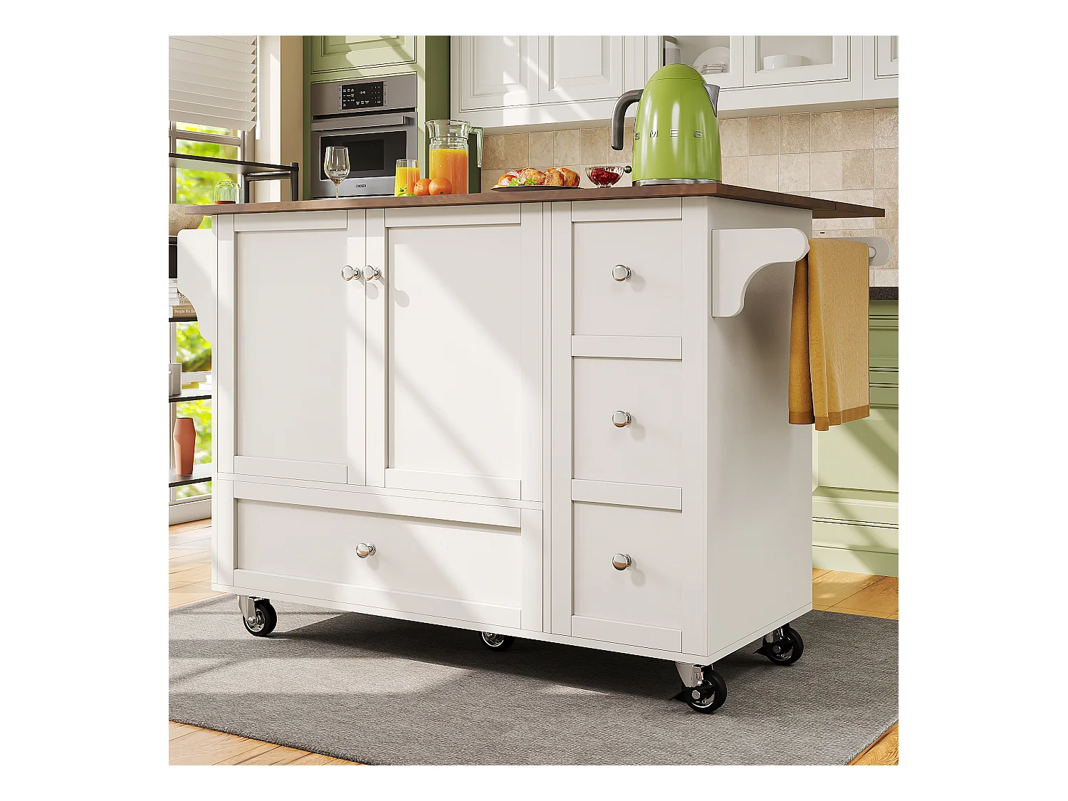 Desserte de cuisine(128×40×92,5 cm)pliante avec rangements, roulettes, étagères ajustables et plan de travail extensible