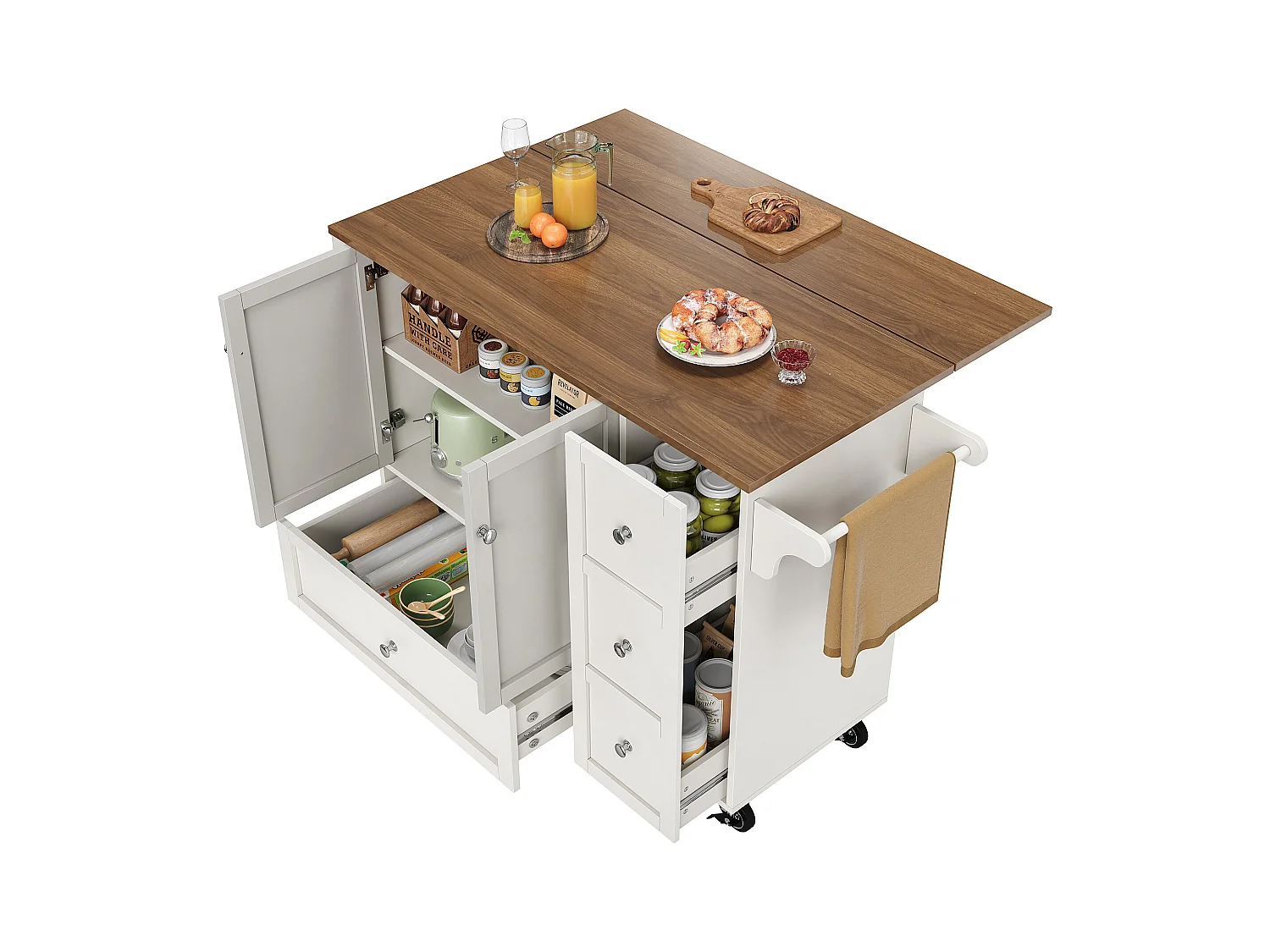 Desserte de cuisine(128×40×92,5 cm)pliante avec rangements, roulettes, étagères ajustables et plan de travail extensible