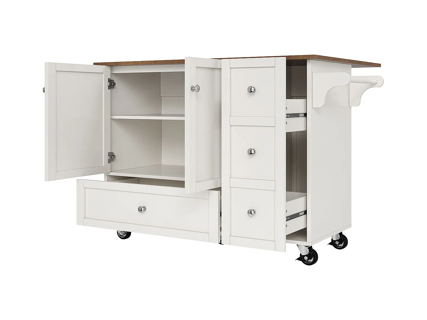 Desserte de cuisine(128×40×92,5 cm)pliante avec rangements, roulettes, étagères ajustables et plan de travail extensible