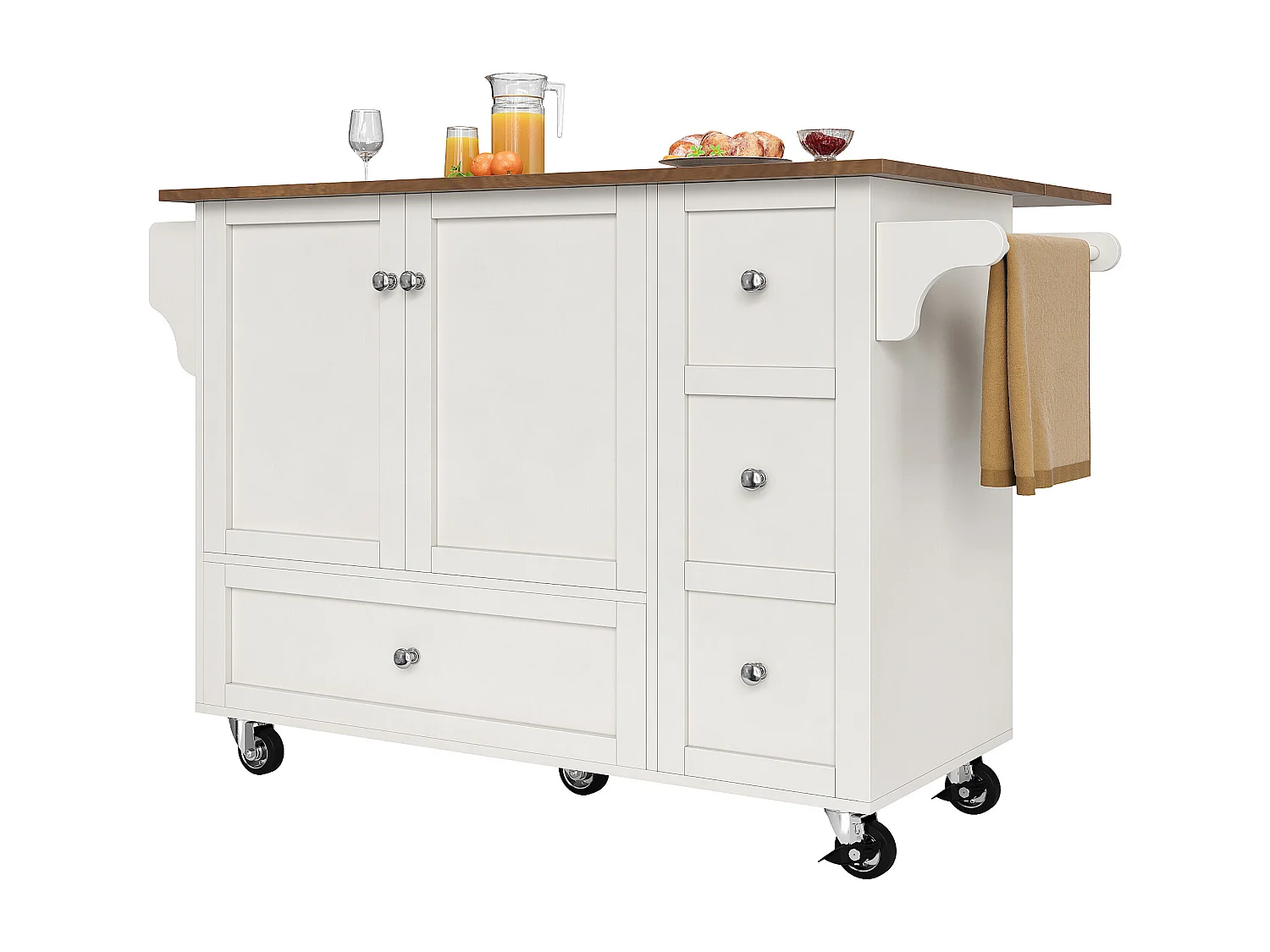 Desserte de cuisine(128×40×92,5 cm)pliante avec rangements, roulettes, étagères ajustables et plan de travail extensible