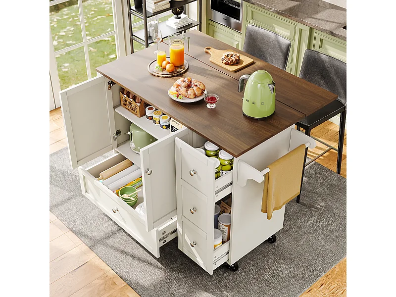 Desserte de cuisine(128×40×92,5 cm)pliante avec rangements, roulettes, étagères ajustables et plan de travail extensible