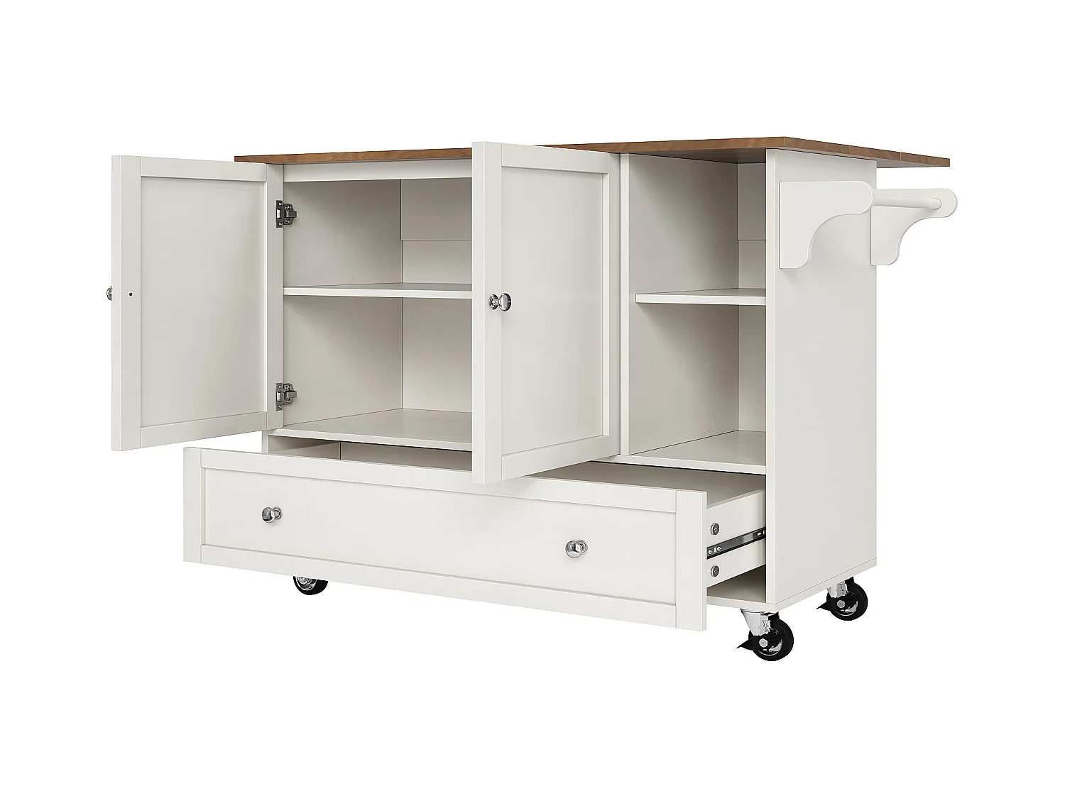 Desserte de cuisine avec table pliable, rangement pratique, porte-épices et porte-serviettes, 128×40×92,5 cm, blanc