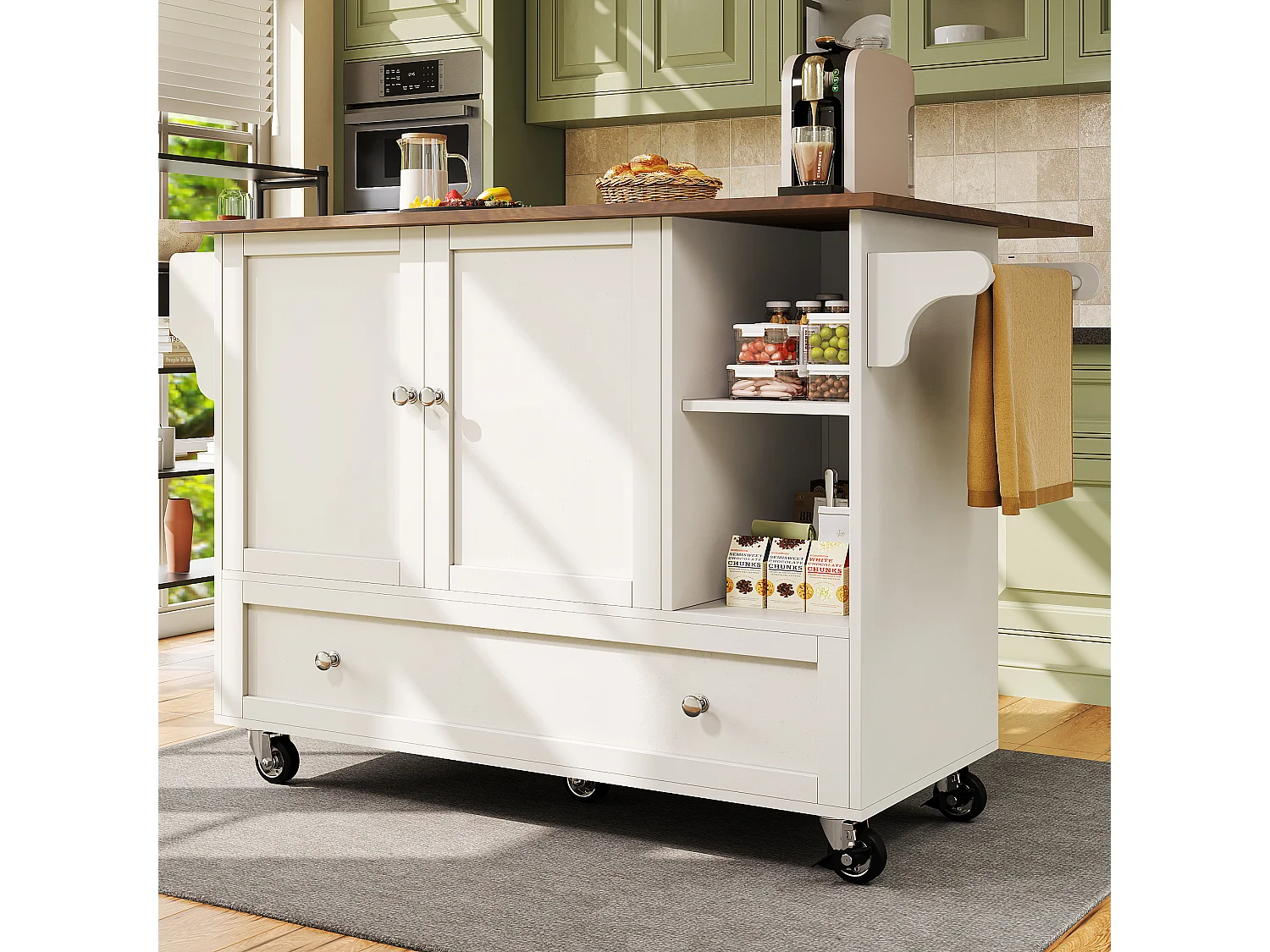 Desserte de cuisine avec table pliable, rangement pratique, porte-épices et porte-serviettes, 128×40×92,5 cm, blanc