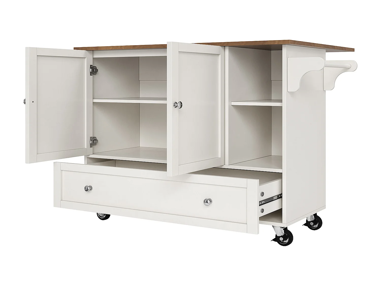 Desserte de cuisine avec table pliable, rangement pratique, porte-épices et porte-serviettes, 128×40×92,5 cm, blanc