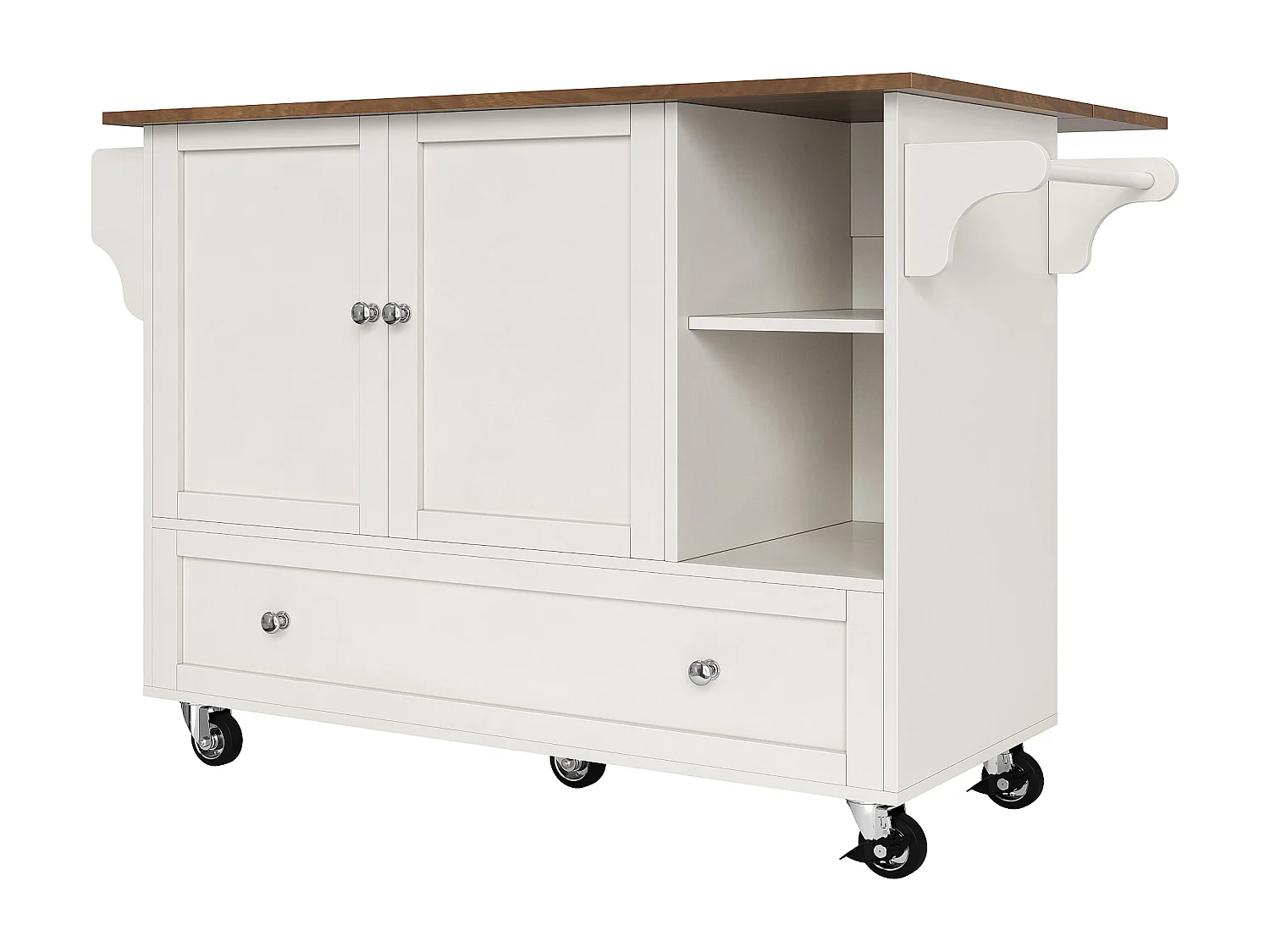 Desserte de cuisine avec table pliable, rangement pratique, porte-épices et porte-serviettes, 128×40×92,5 cm, blanc