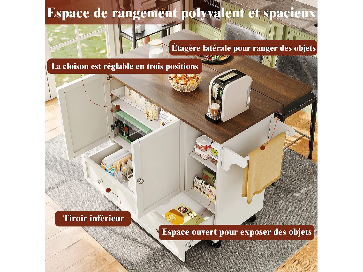 Desserte de cuisine avec table pliable, rangement pratique, porte-épices et porte-serviettes, 128×40×92,5 cm, blanc