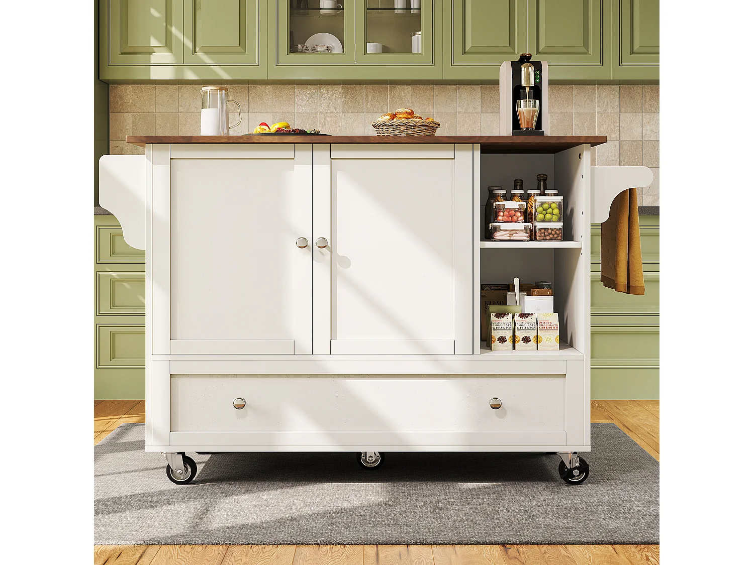 Desserte de cuisine avec table pliable, rangement pratique, porte-épices et porte-serviettes, 128×40×92,5 cm, blanc