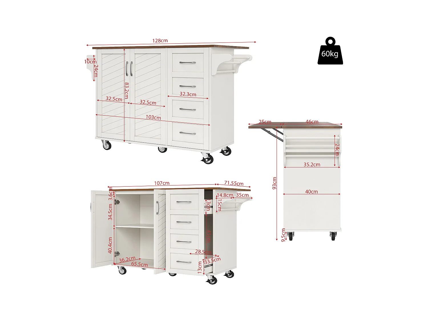 Desserte de cuisine (128x71x93cm)pliable avec plateau extensible et roulettes verrouillables - blanc