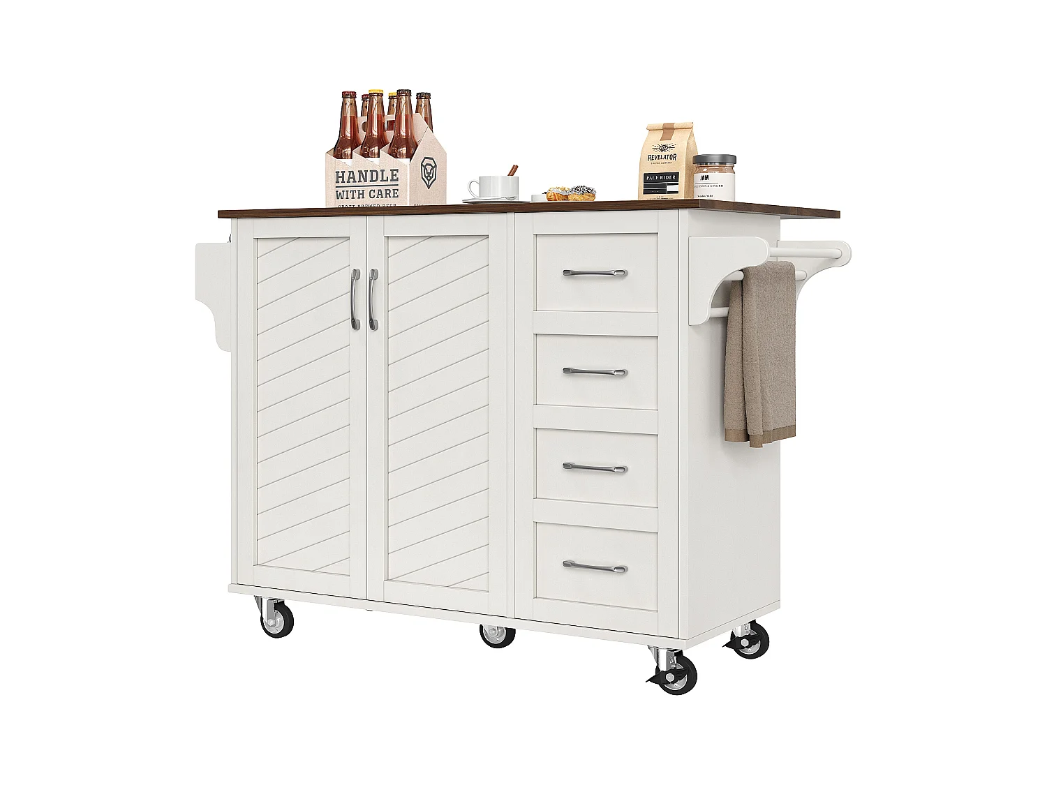 Desserte de cuisine (128x71x93cm)pliable avec plateau extensible et roulettes verrouillables - blanc