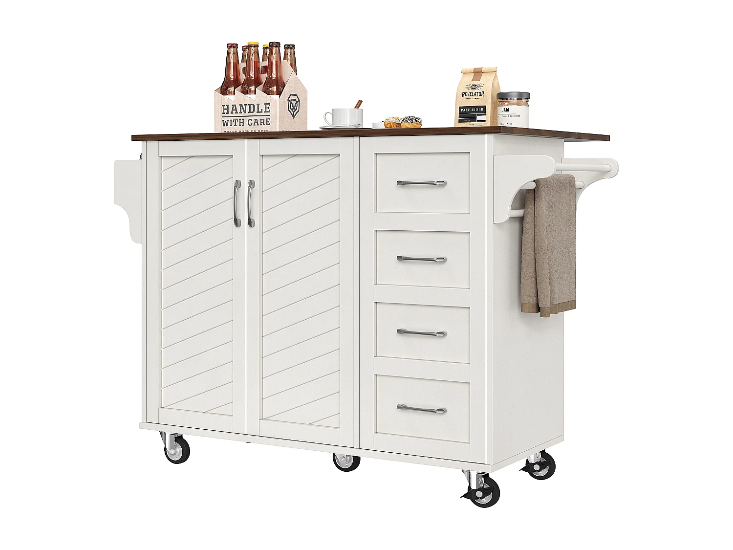 Desserte de cuisine (128x71x93cm)pliable avec plateau extensible et roulettes verrouillables - blanc