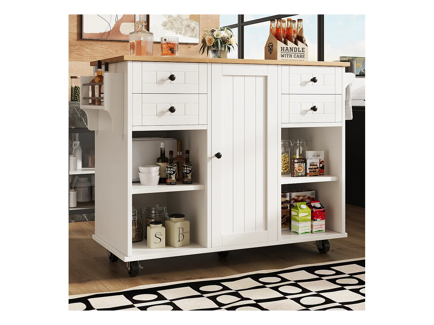 Desserte de cuisine 127×46×91,5 cm avec grand espace de rangement, style bois blanc, îlot multifonction