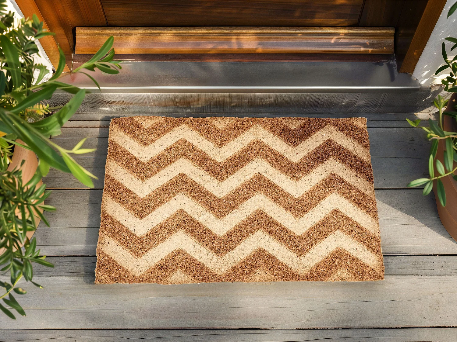 Moderne Fußmatte 40 x 60 cm Home Zick-Zack-Motiv Kokosfaser Anti-Rutsch PVC Rückseite naturfarbe Ilocos