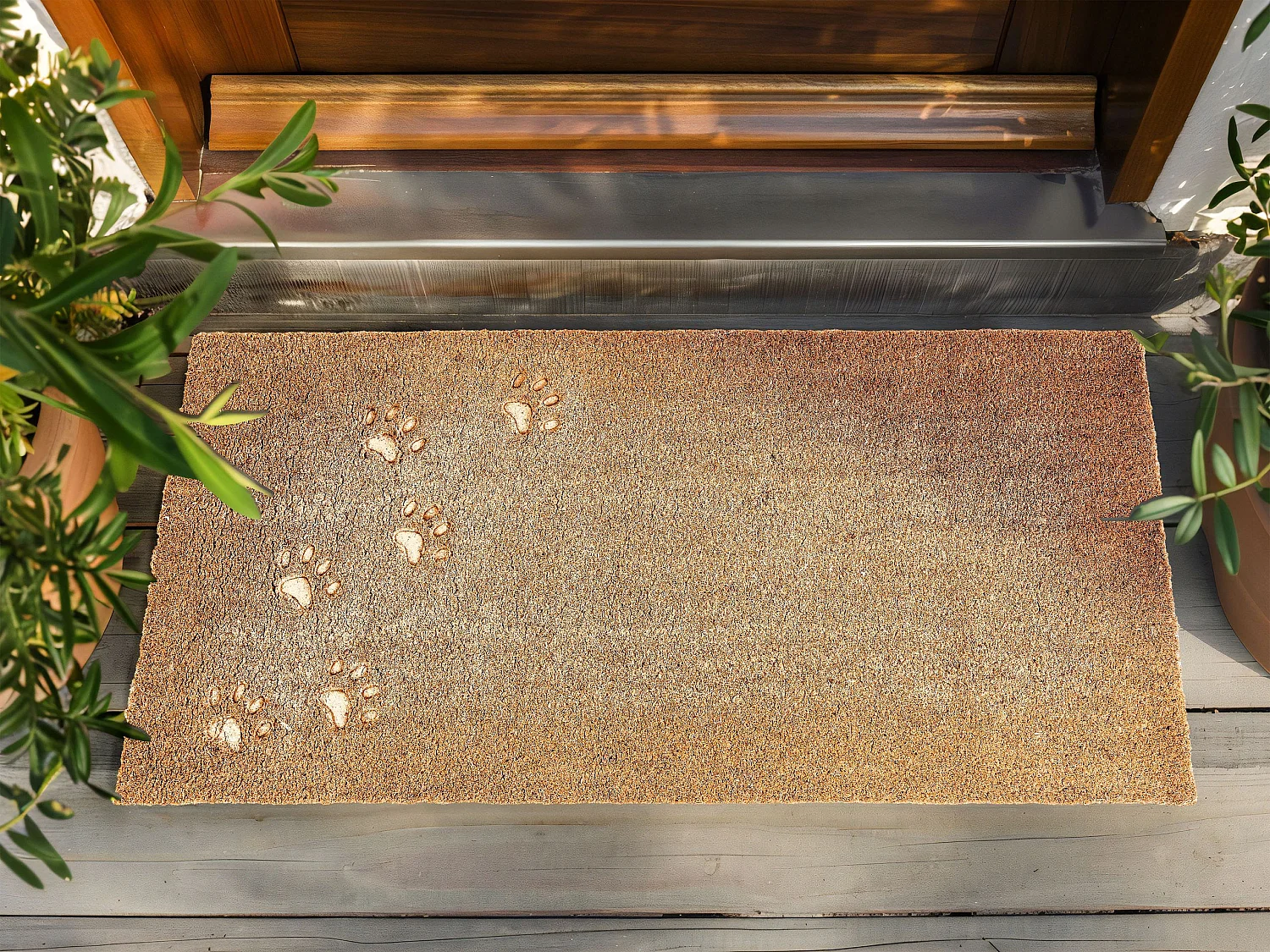 Moderne Fußmatte 55 x 120 cm Pfötchen-Motiv Kokosfaser Anti-Rutsch PVC Rückseite Naturfarbe Tarlac