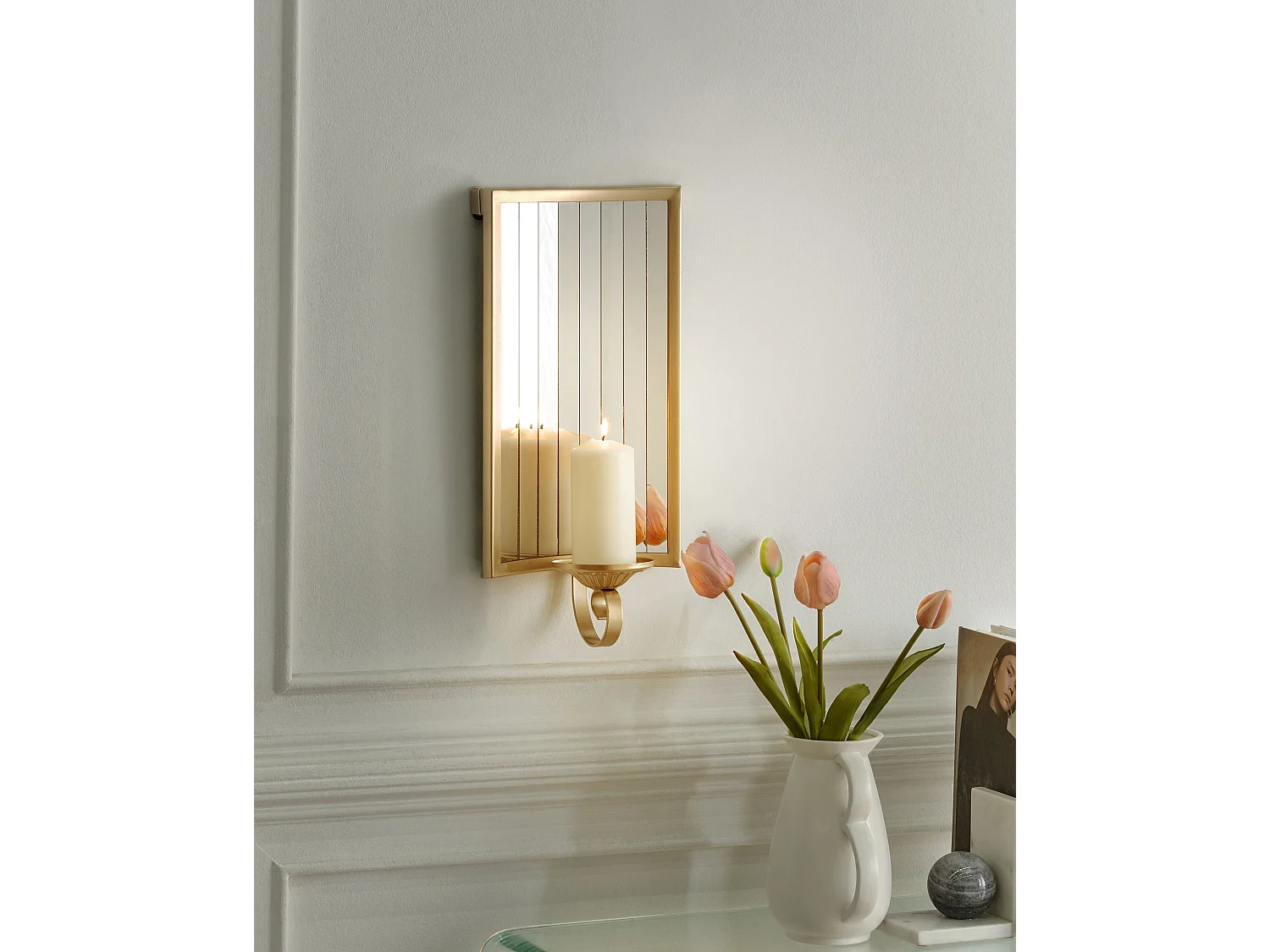 Wand Kerzenhalter für eine Kerze mit Spiegel minimalistische Deko gold Sobreda