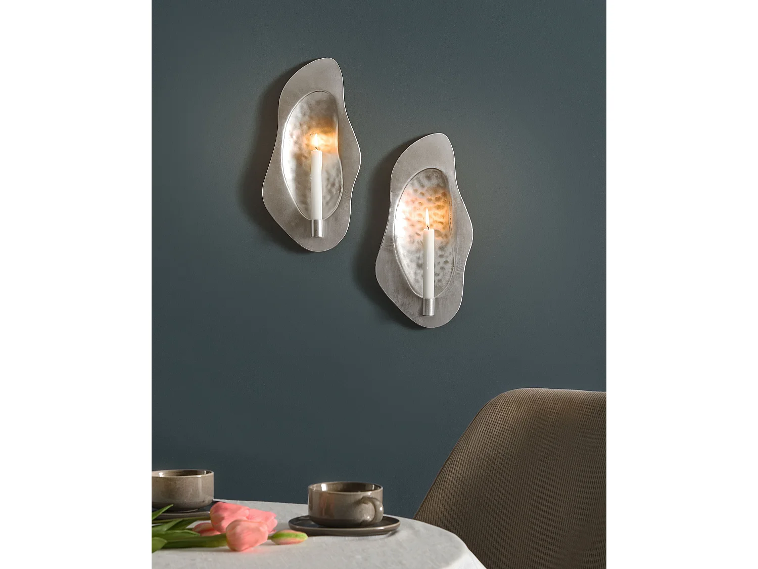 Wandkerzenhalter 2er Set für 2 Stabkerzen Metall silber strukturiert Odemira