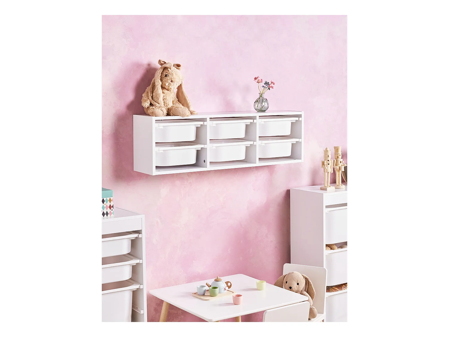 Originelles Wandregal mit 6 Boxen und Schubladen Kinderzimmer Spanplatte Kunststoff Weiß Tobin