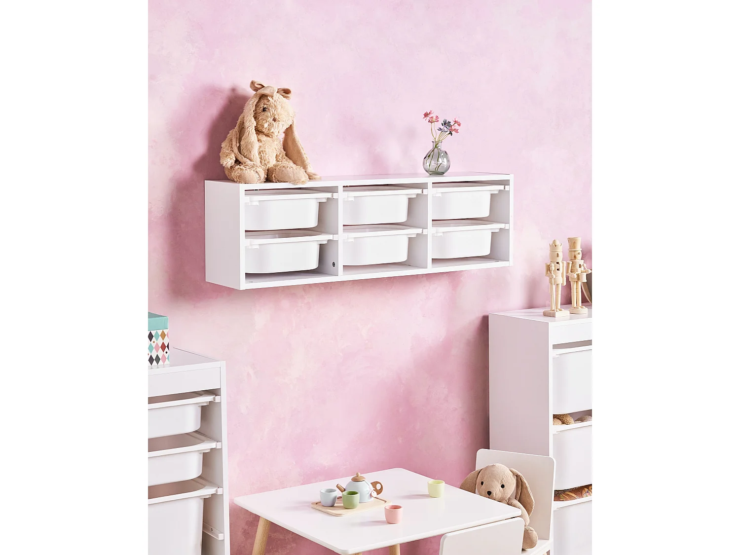 Originelles Wandregal mit 6 Boxen und Schubladen Kinderzimmer Spanplatte Kunststoff Weiß Tobin