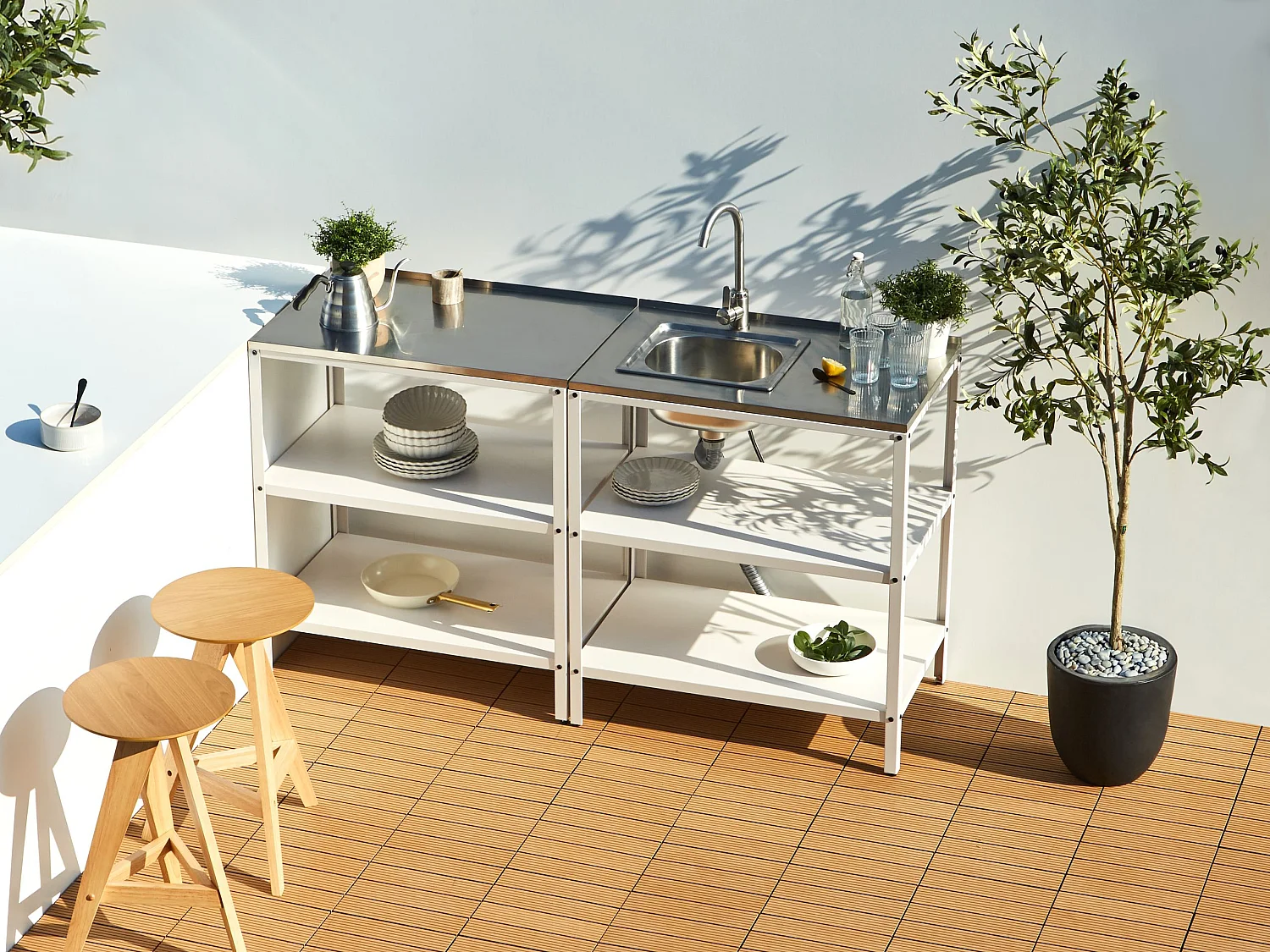 Ilot de cuisine extérieure avec évier VILAMA Blanc