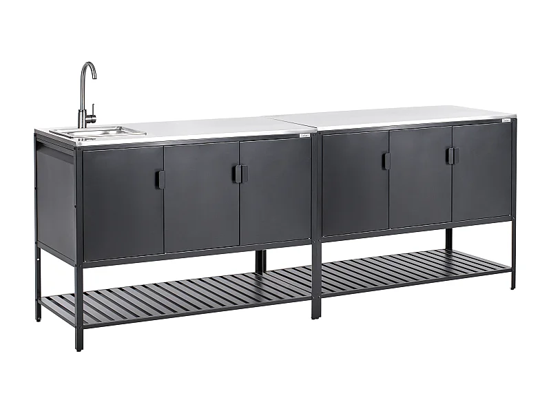 Outdoor-Küchenschrank aus Stahl 3-türig mit Edelstahlplatte Schwarz Maenza
